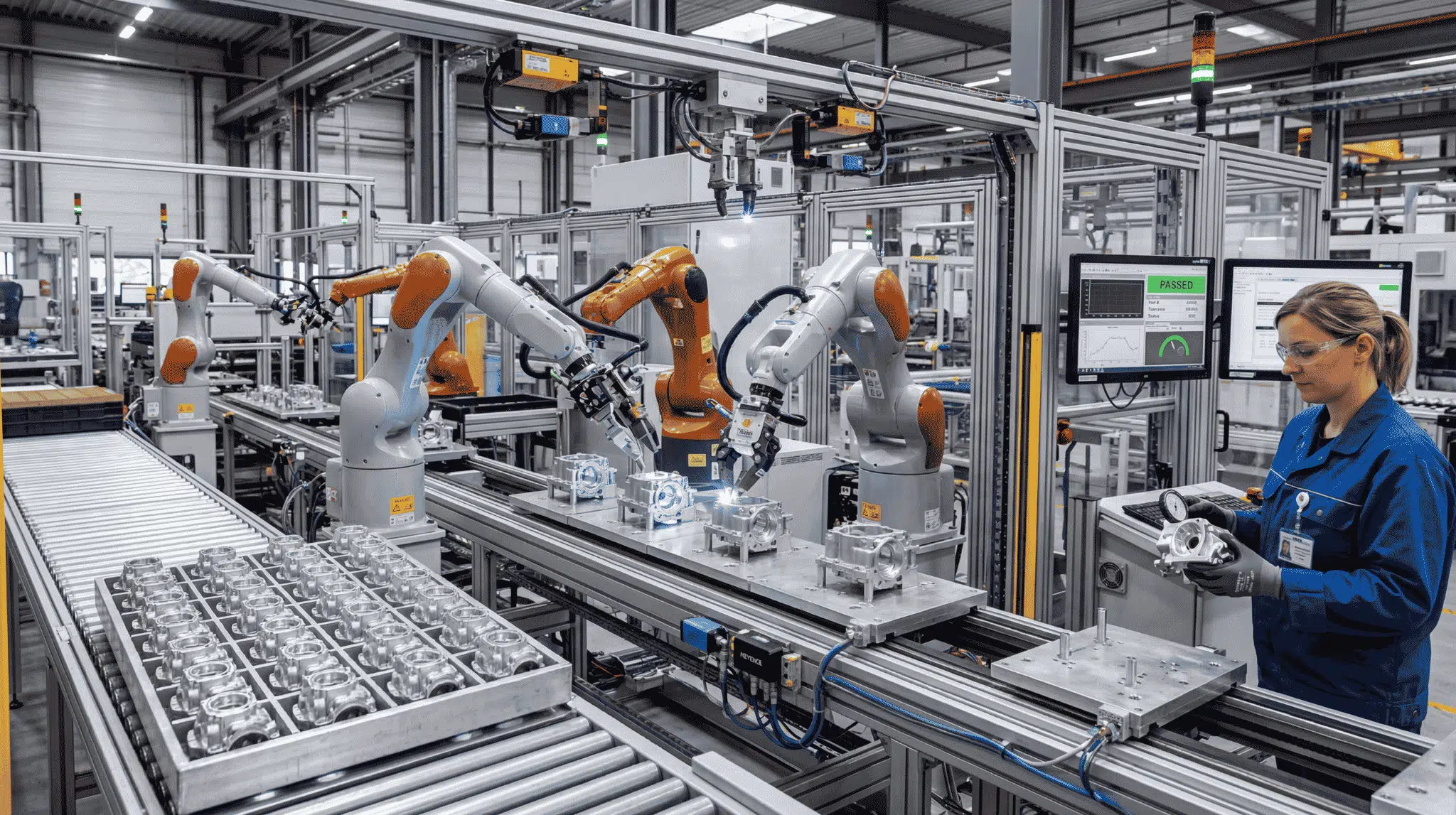 Robots producing consistent parts with precise movements to improve product quality in manufacturing.