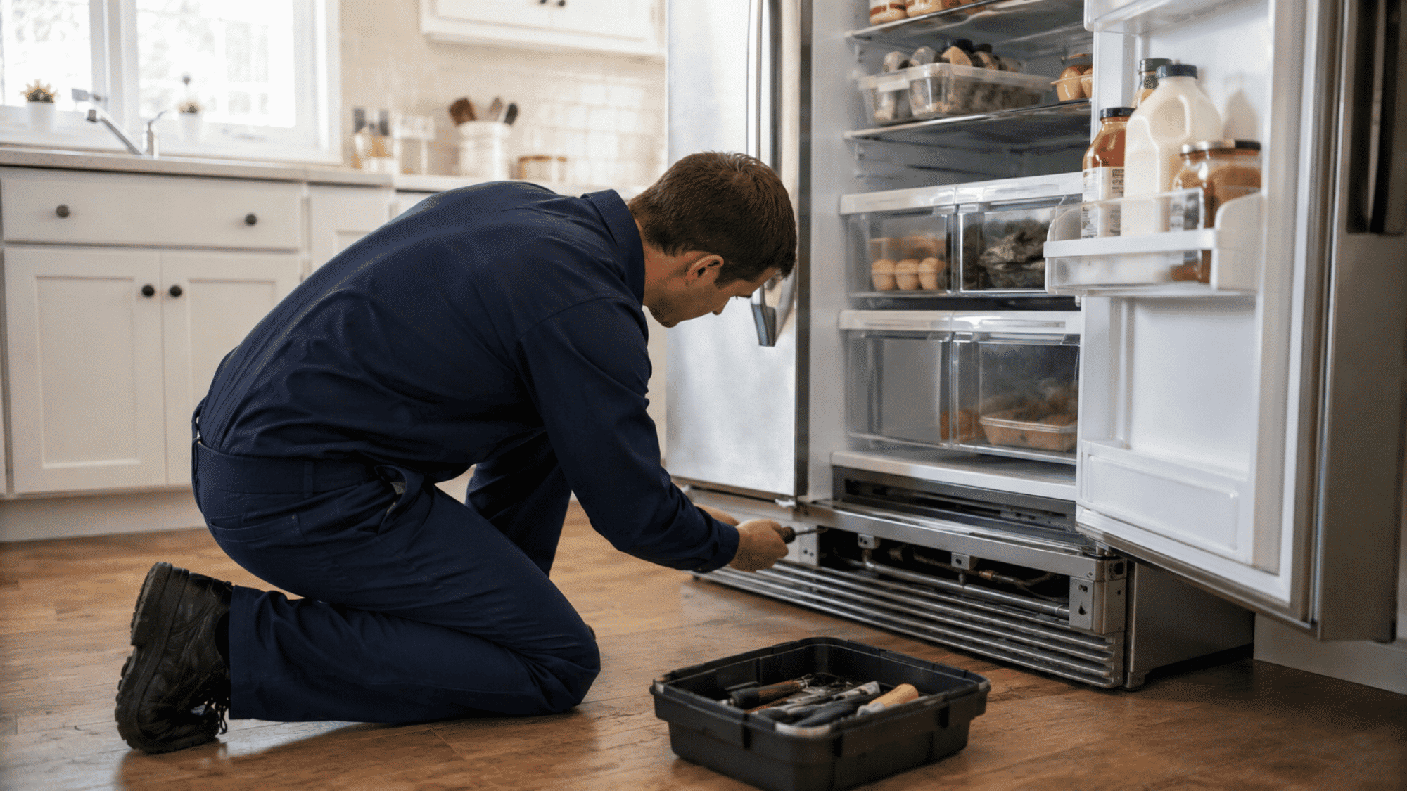 Repairman in navy uniform fixing refrigerator base with toolbox on floor