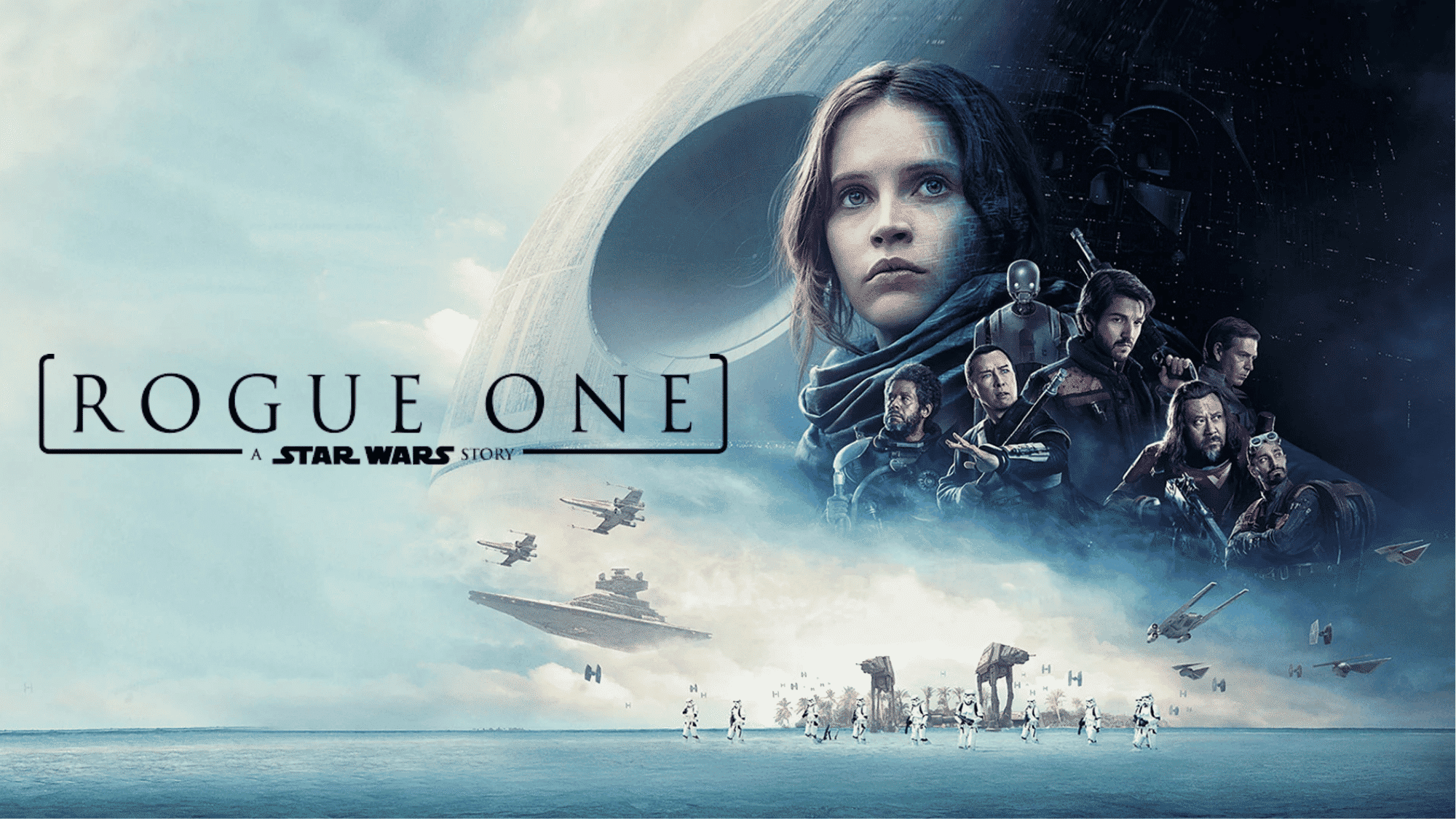 Rogue One poster featuring rebels, Death Star, and battles.