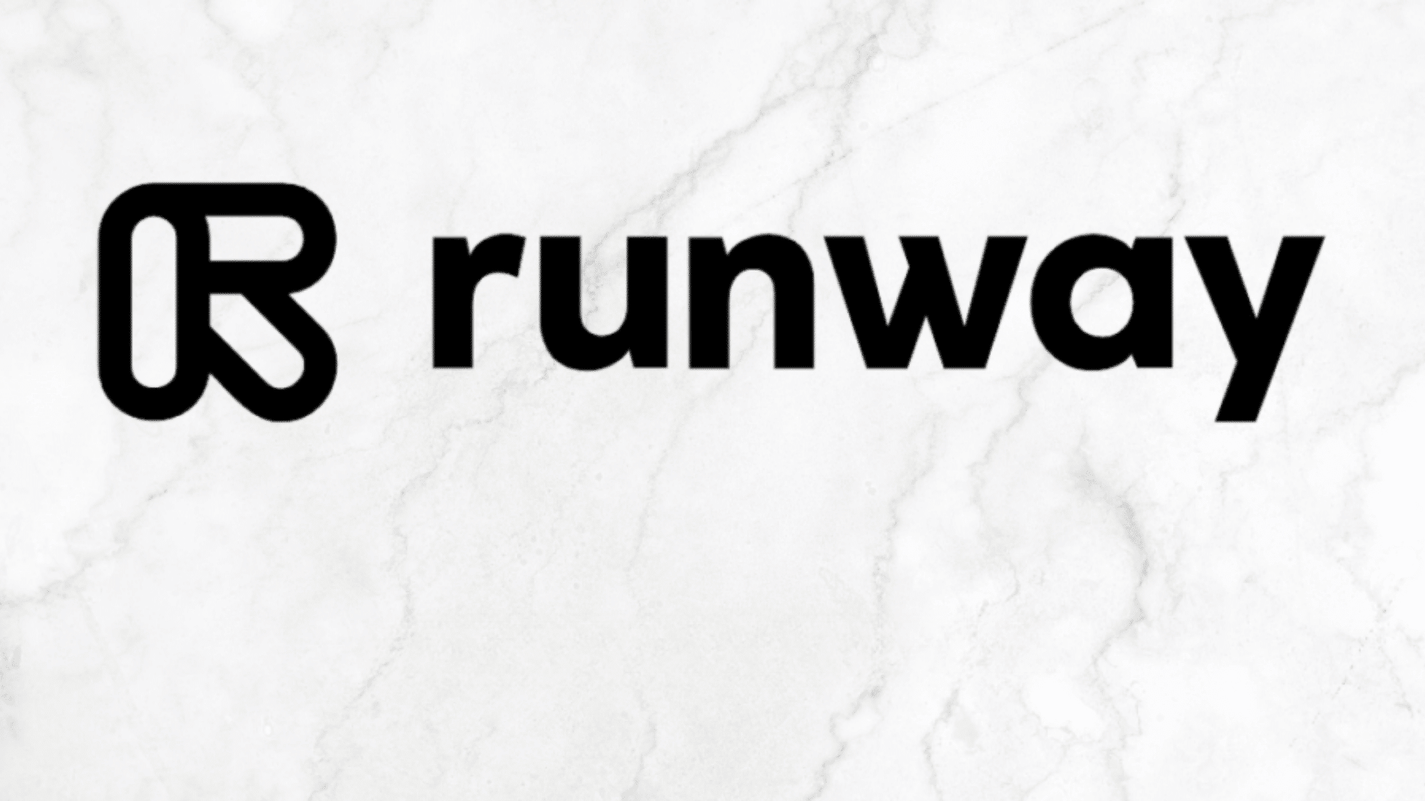 Runway logo in black on white marble background with stylized R
