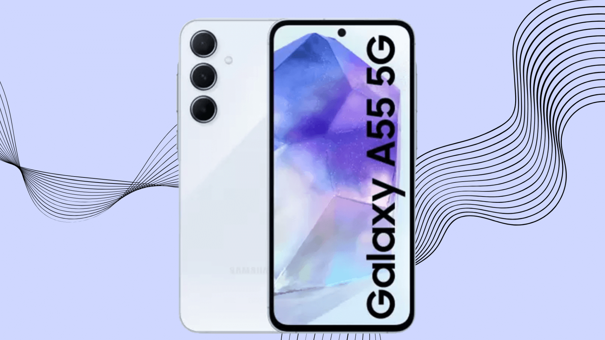 Samsung Galaxy A55 5G smartphone shown front and back on a blue background with abstract lines.