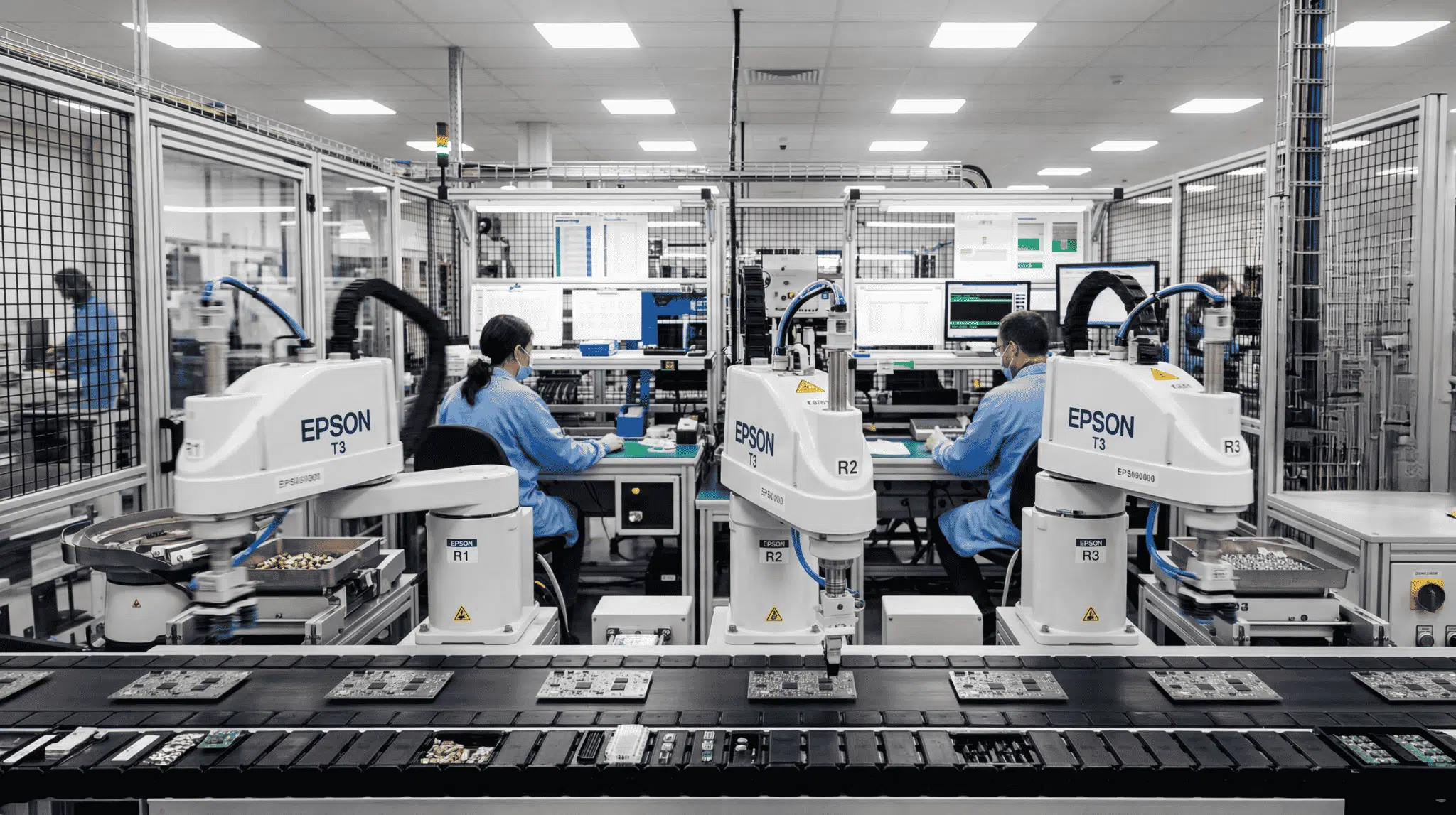 SCARA robots picking and placing small parts on a manufacturing assembly line.
