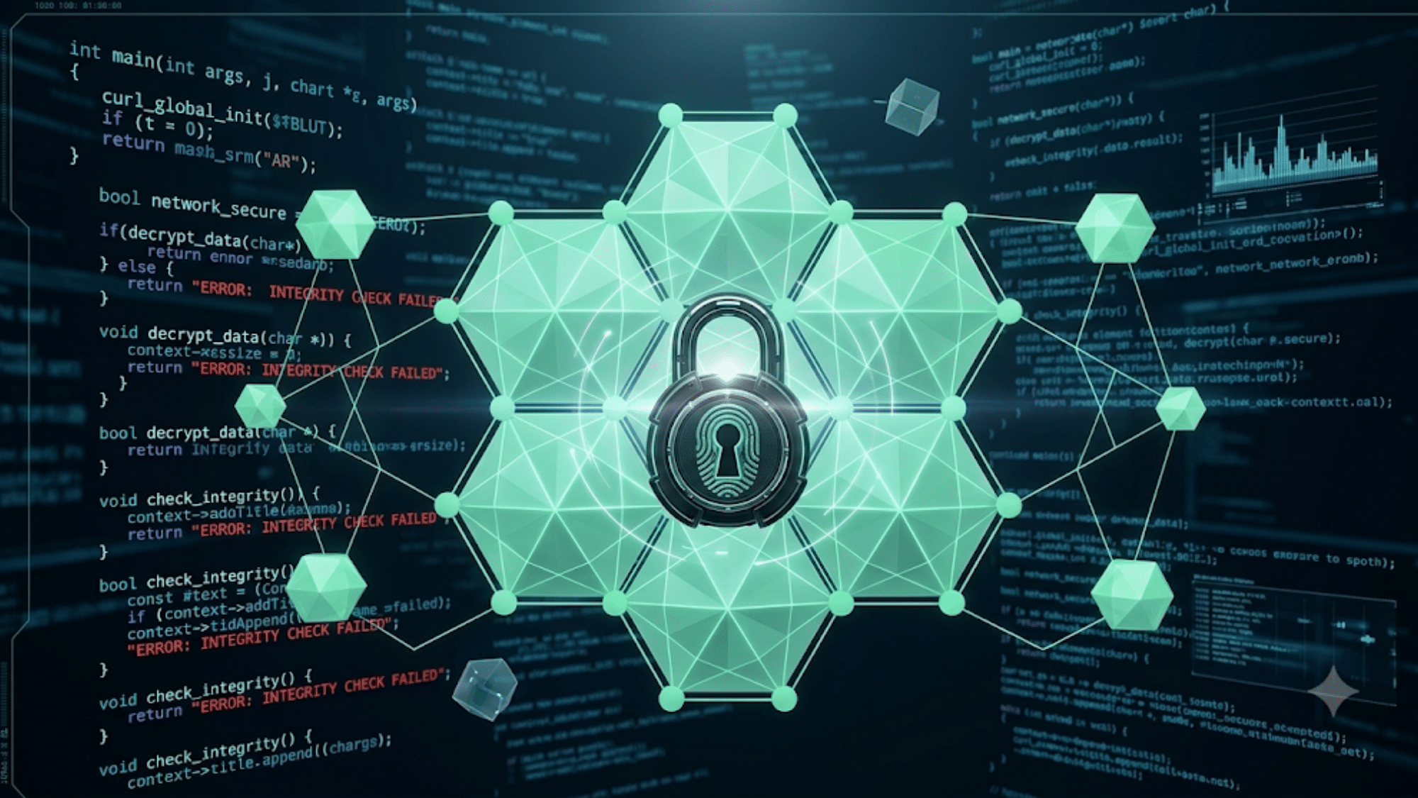 A padlock centered on a glowing network grid surrounded by code and integrity check errors.