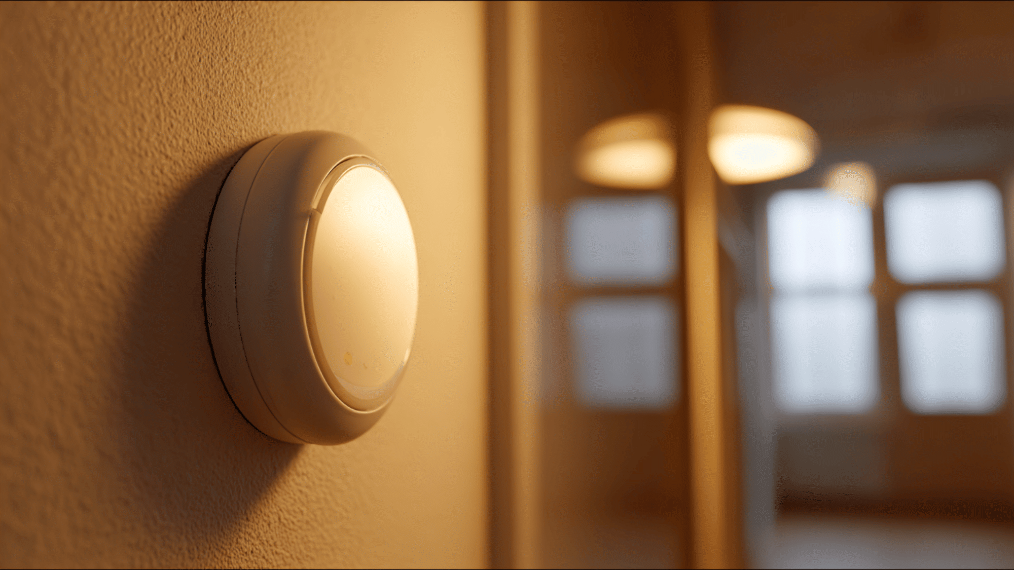 A compact motion sensor mounted on a wall automating room lights.