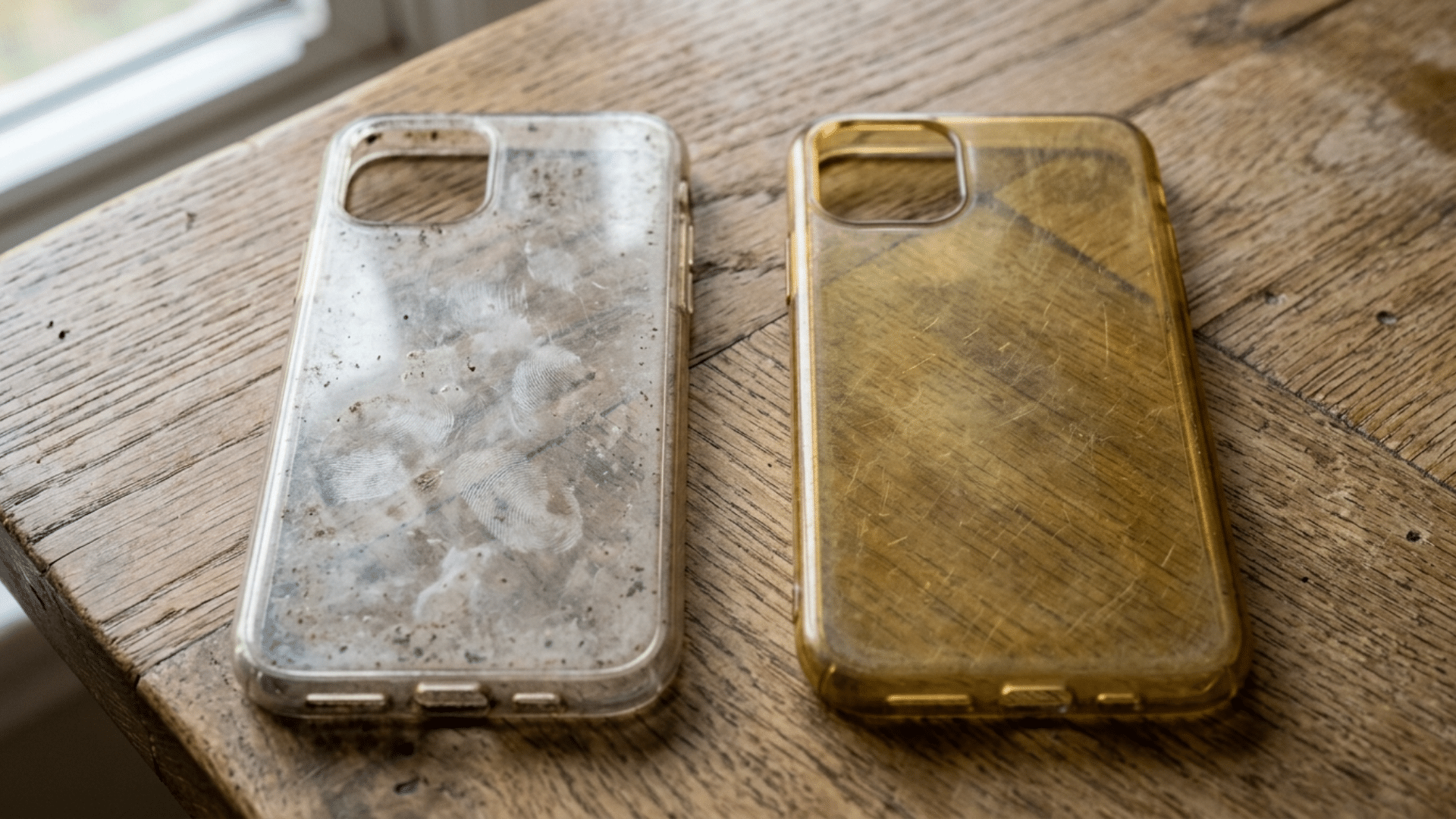 Side-by-side comparison of a dirty phone case and a permanently yellowed phone case material