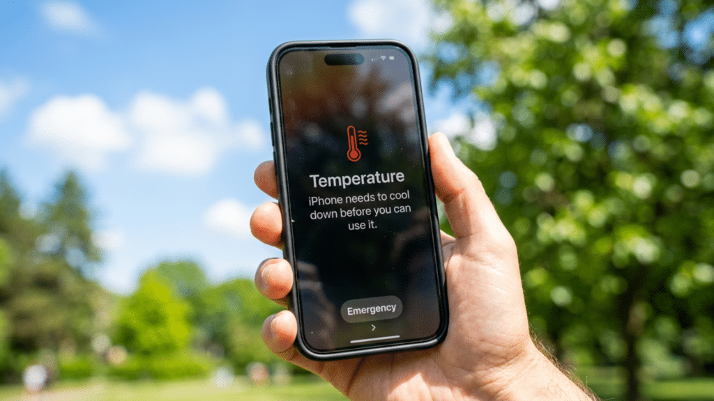 Smartphone overheating with a heat warning displayed on screen