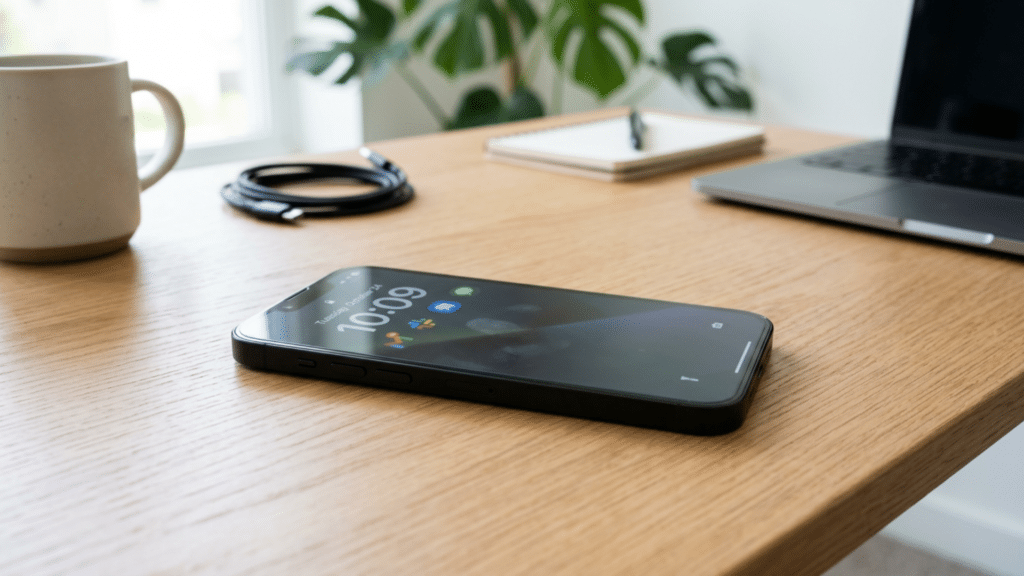 Smartphone with a frozen touch screen displayed on a desk during troubleshooting