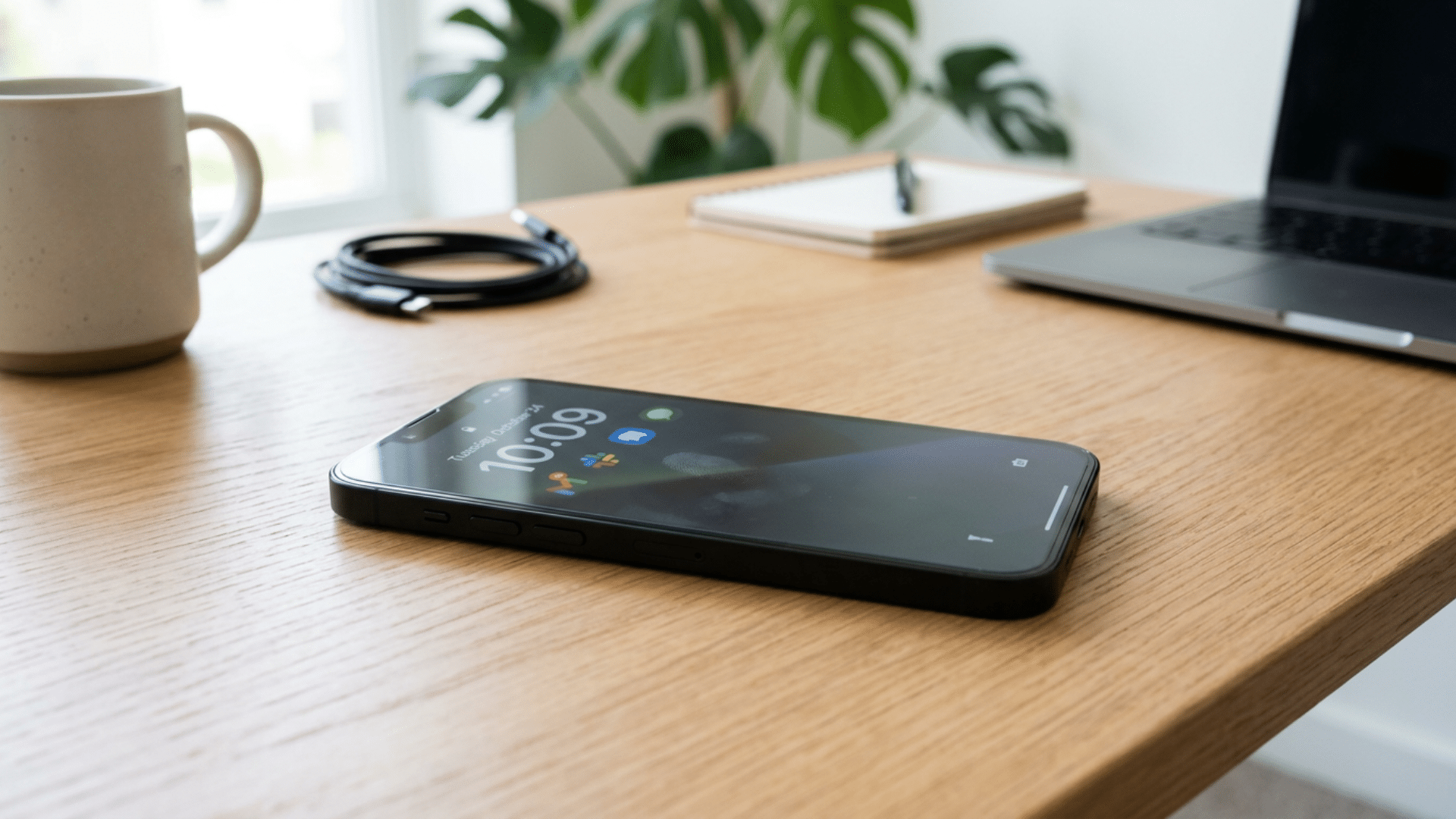 Smartphone with a frozen touch screen displayed on a desk during troubleshooting