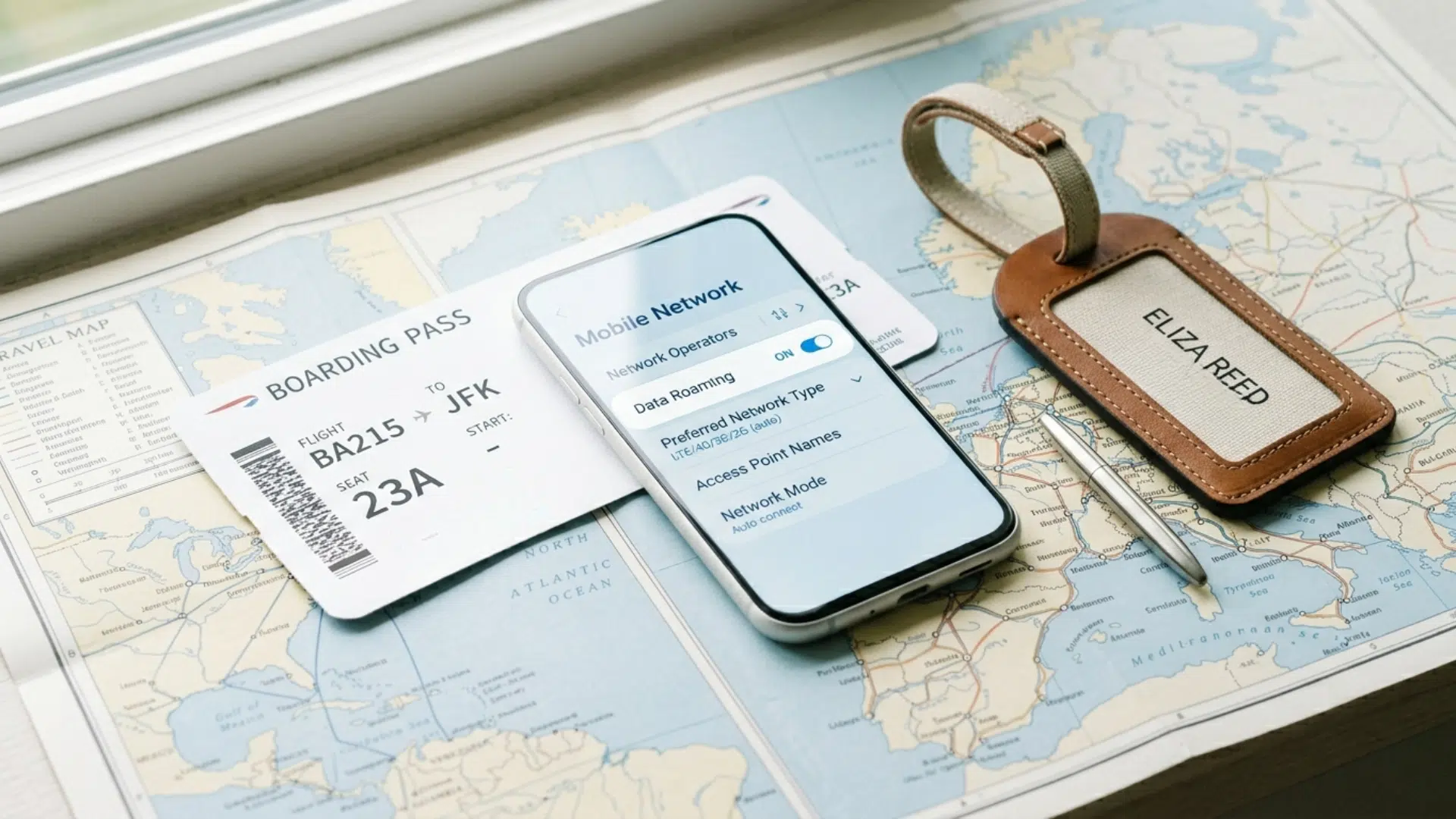 Smartphone with travel items representing mobile connectivity outside a home network.