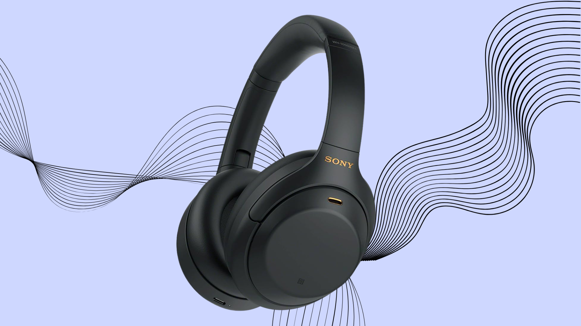 Sony WH-1000XM4 is displayed on a light purple background with abstract wavy lines.