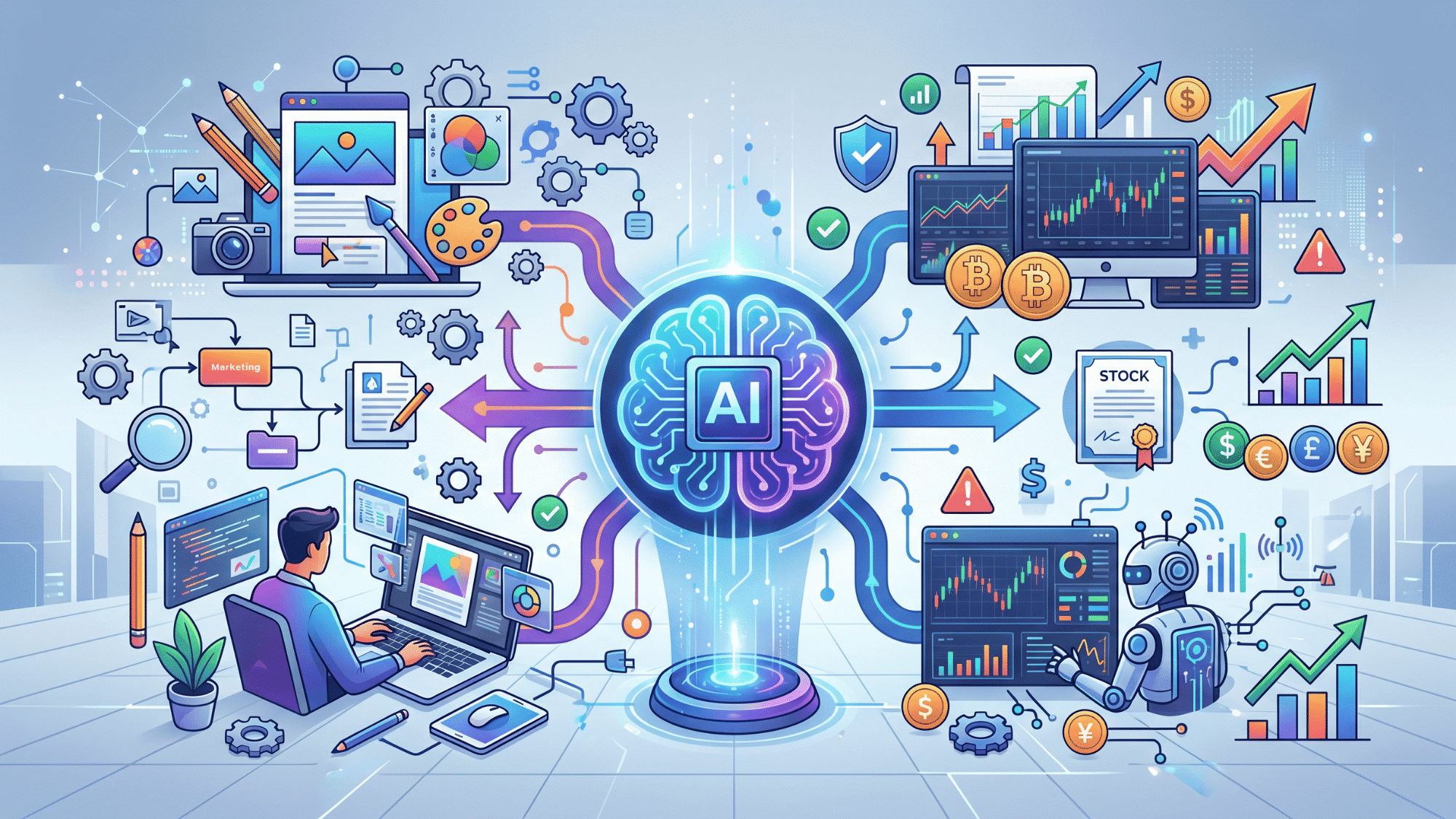 An AI brain at the center connecting creative tools, marketing workflows, and financial markets.