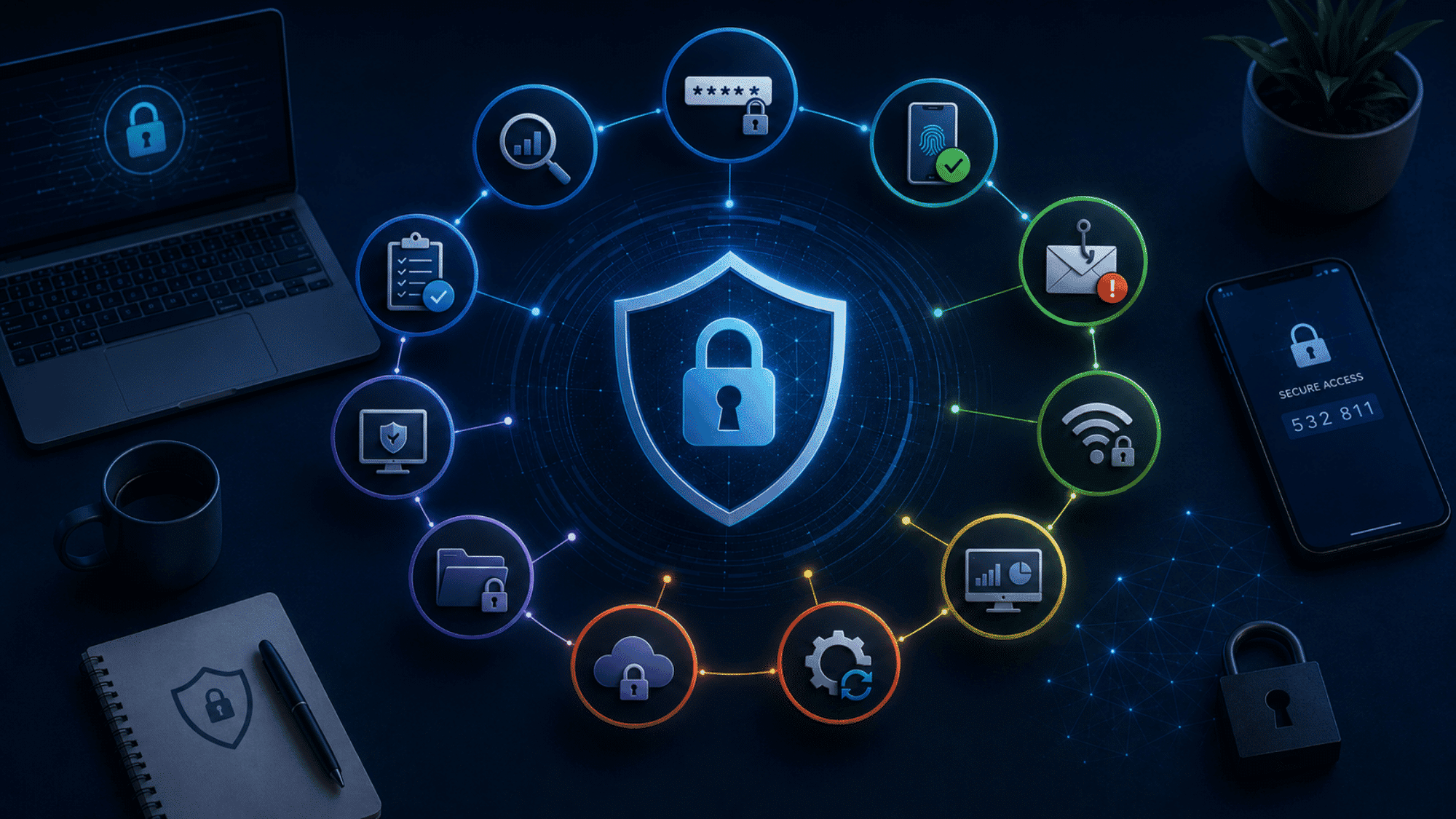 Cybersecurity roadmap with shield, lock icons, MFA, and safe data controls.