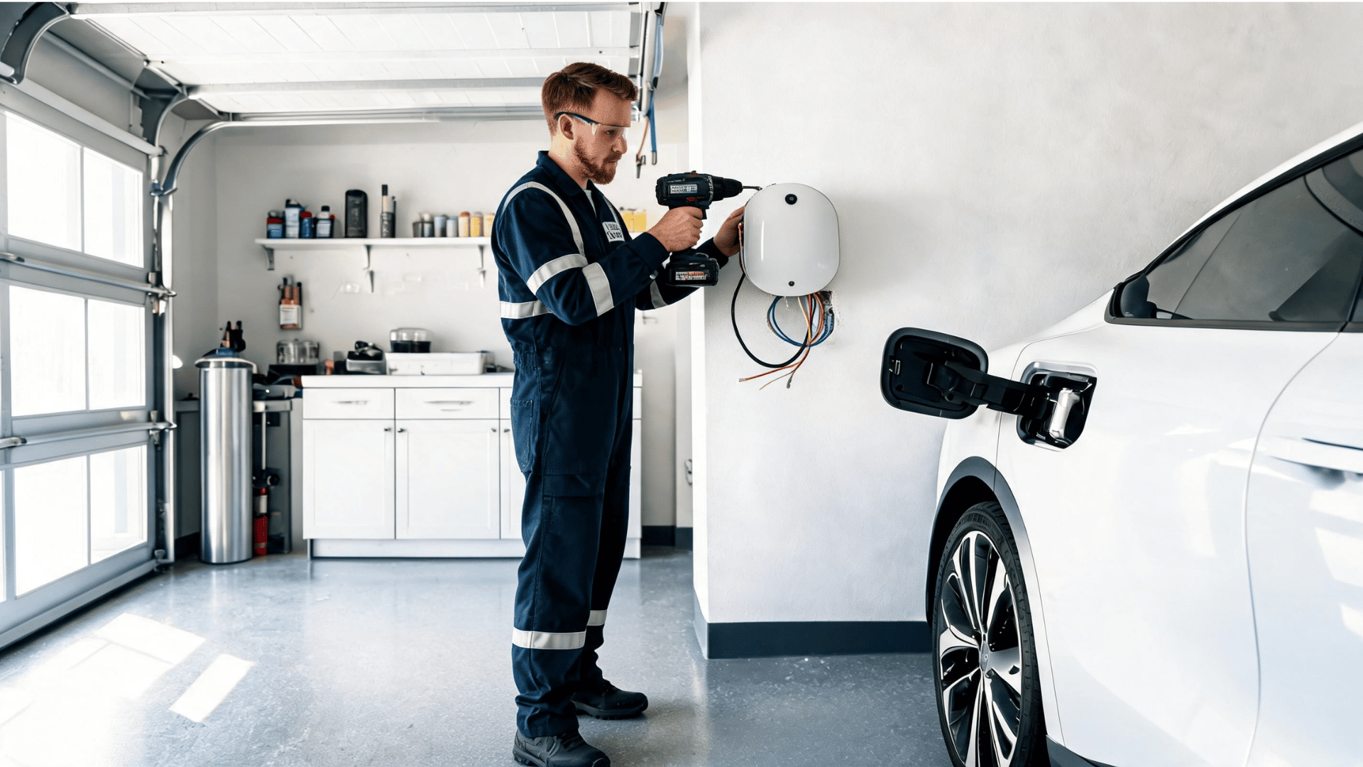 Electrician wall-mounting a Level 2 EV charger unit in a residential garage with a drill.