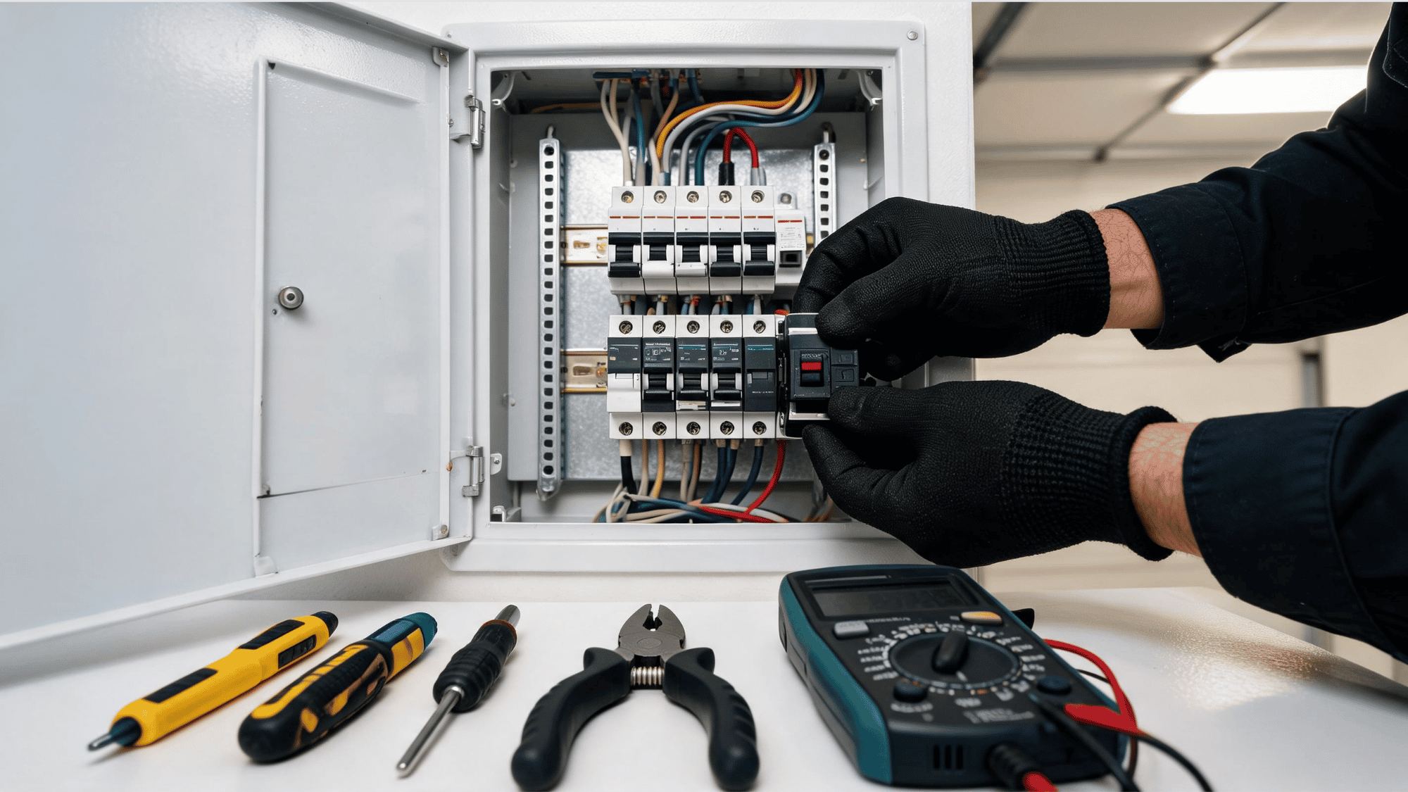 Electrician installing a circuit breaker in a home electrical panel for EV charger upgrade.