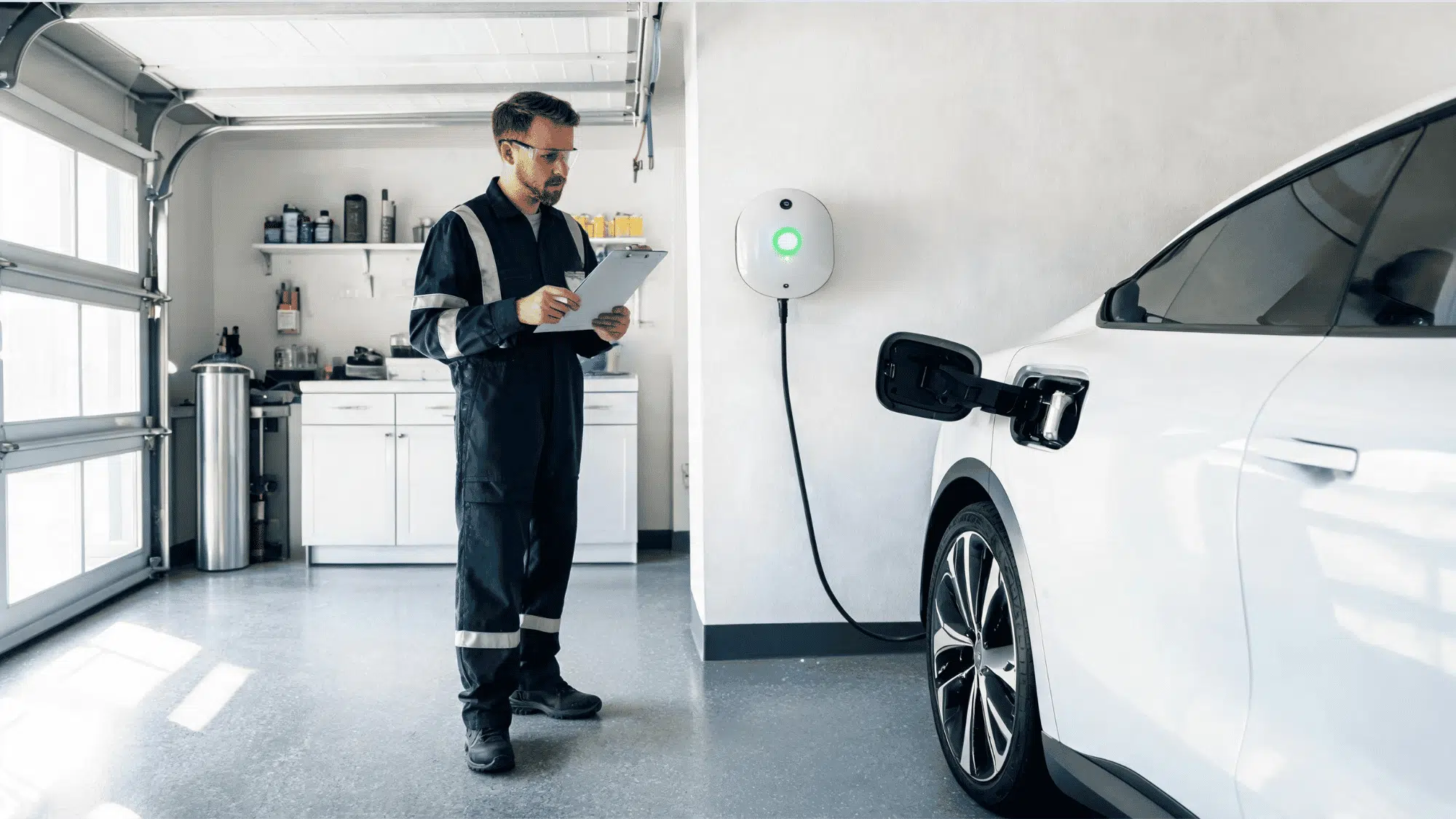 Electrician inspecting a installed Level 2 EV charger with a green indicator light active.