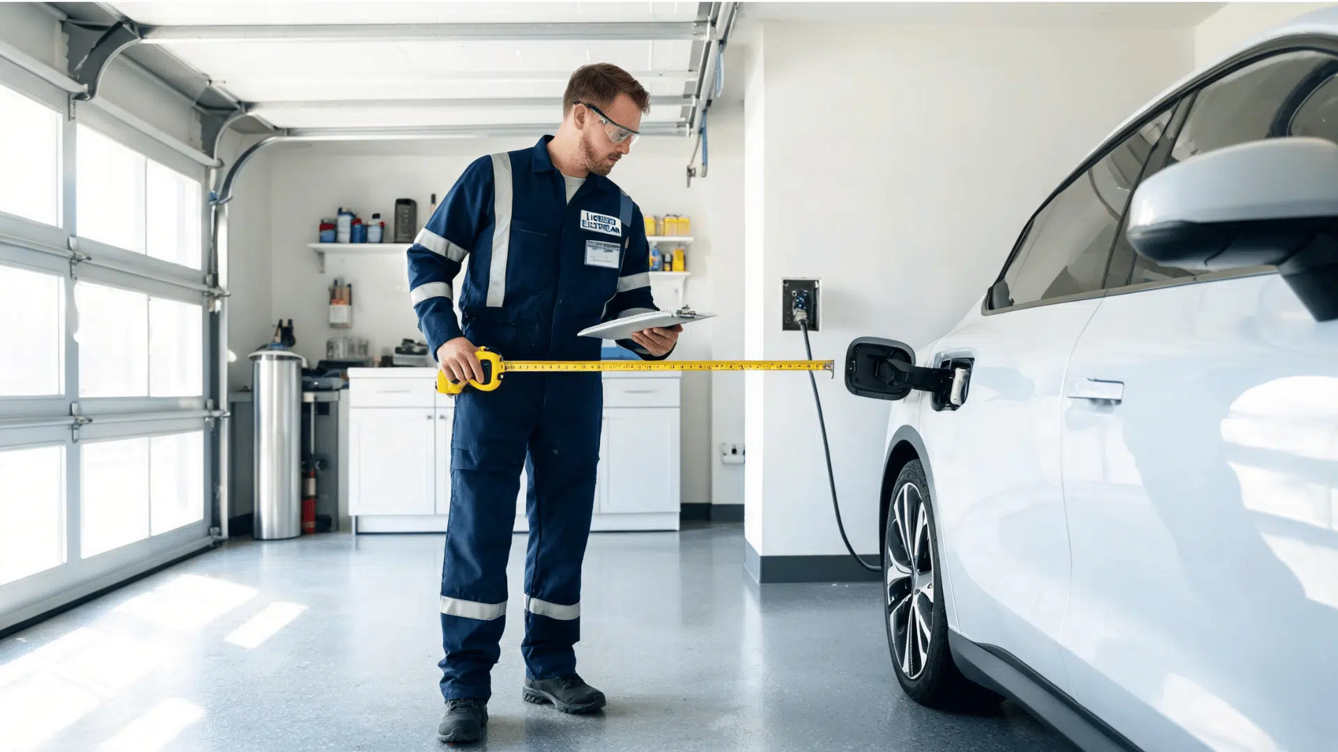 Licensed electrician measuring cable distance for <echighlighted>Level 2 EV charger installation</echighlighted> in a garage.