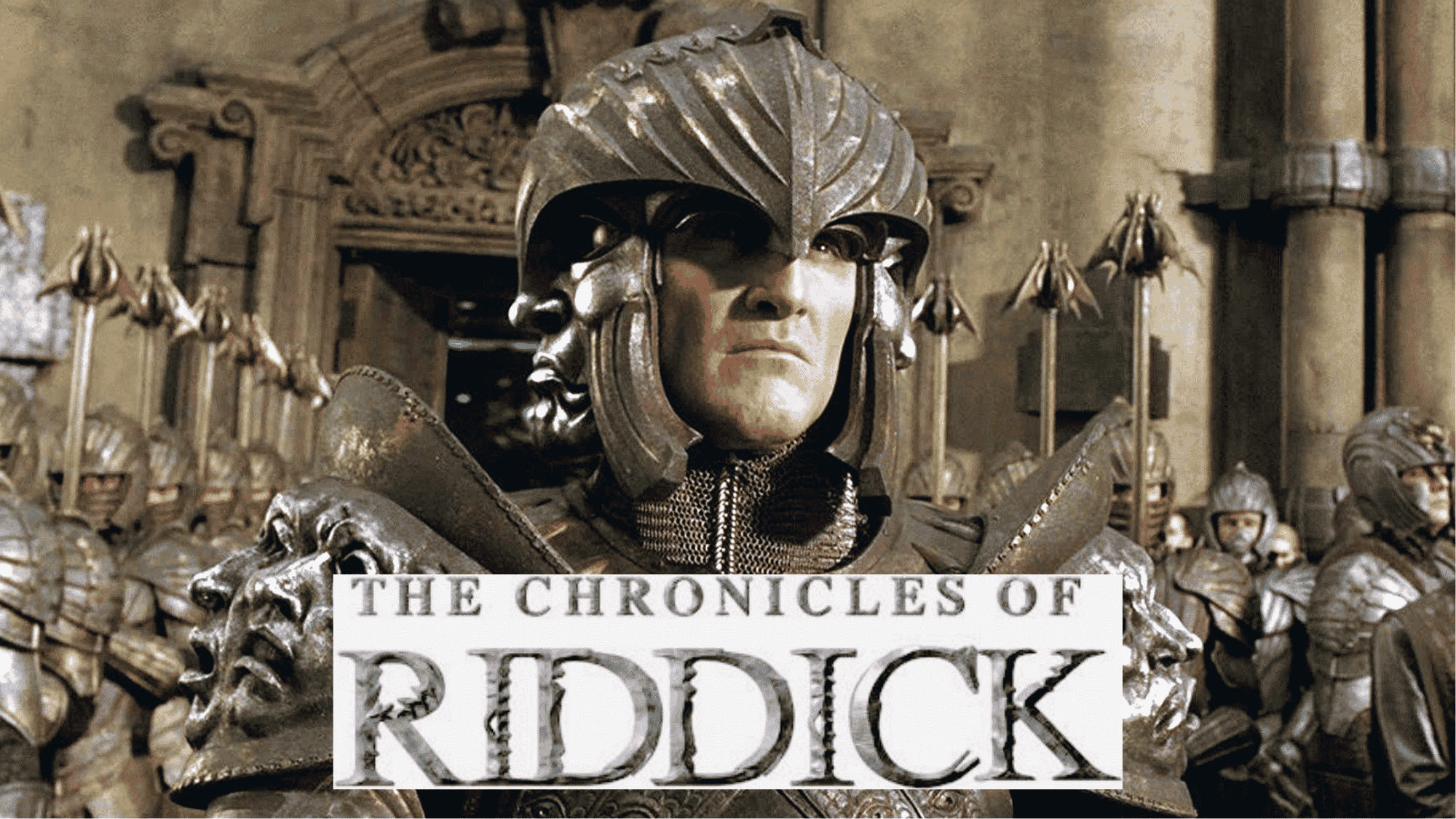 The Chronicles of Riddick image showing an armored warrior standing before ranks of soldiers in a grand hall scene.
