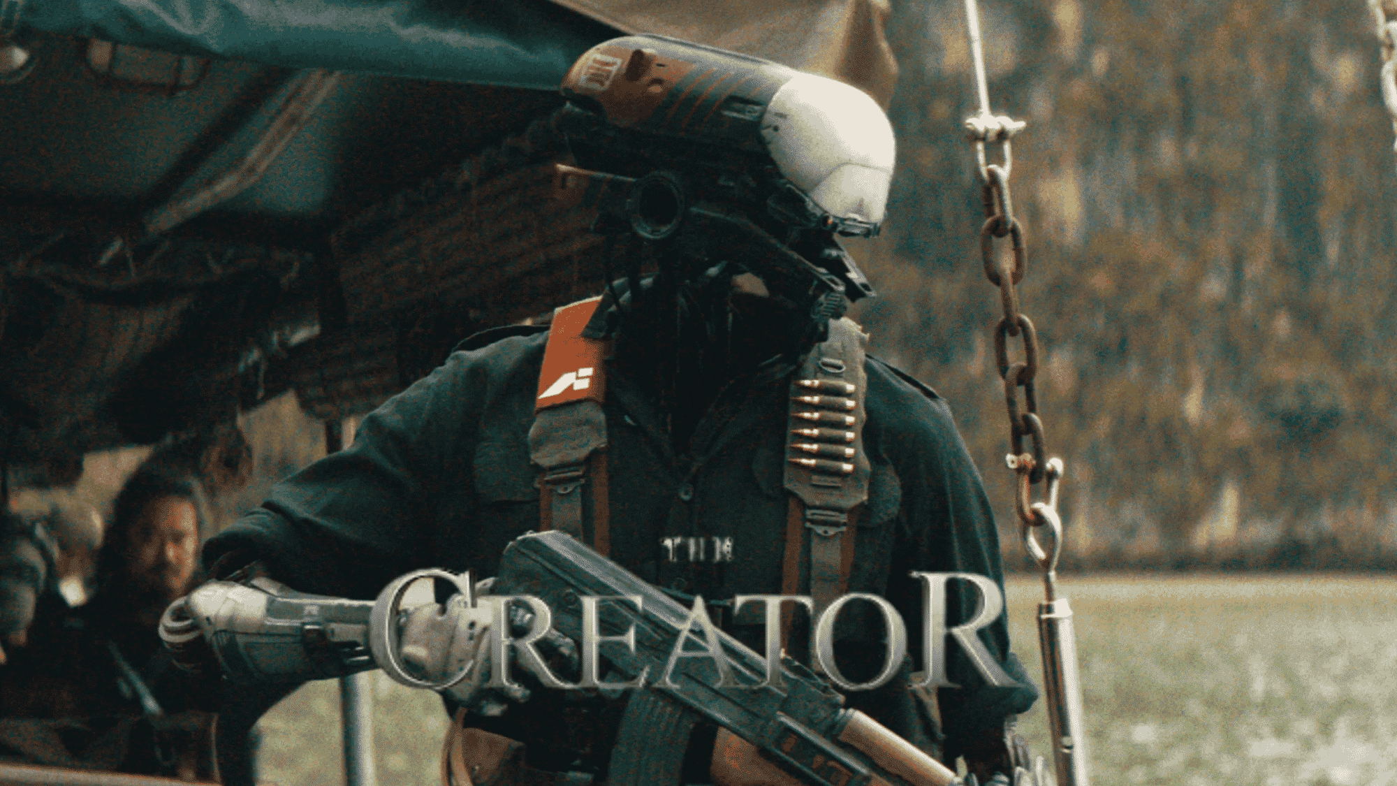 The Creator movie scene featuring futuristic robot. soldier character