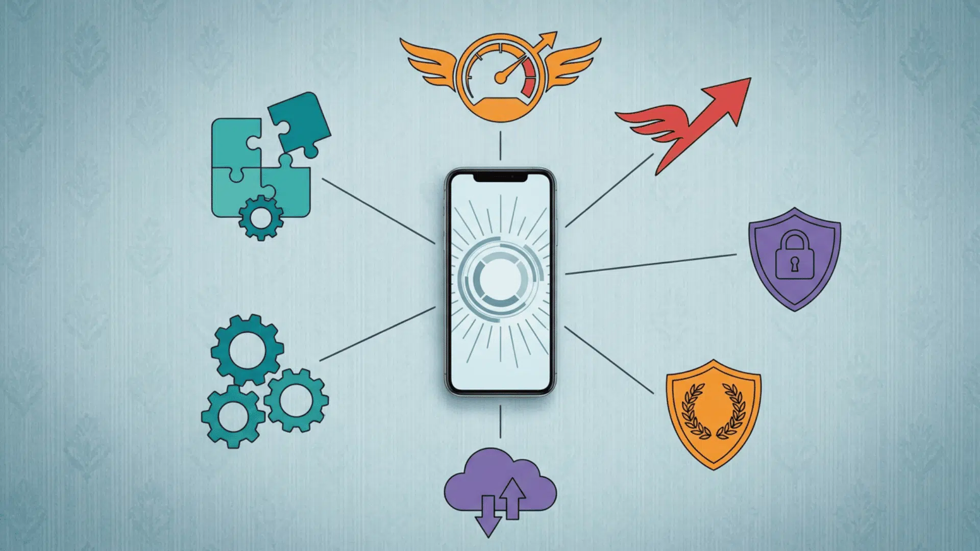 Smartphone surrounded by app performance and security icons