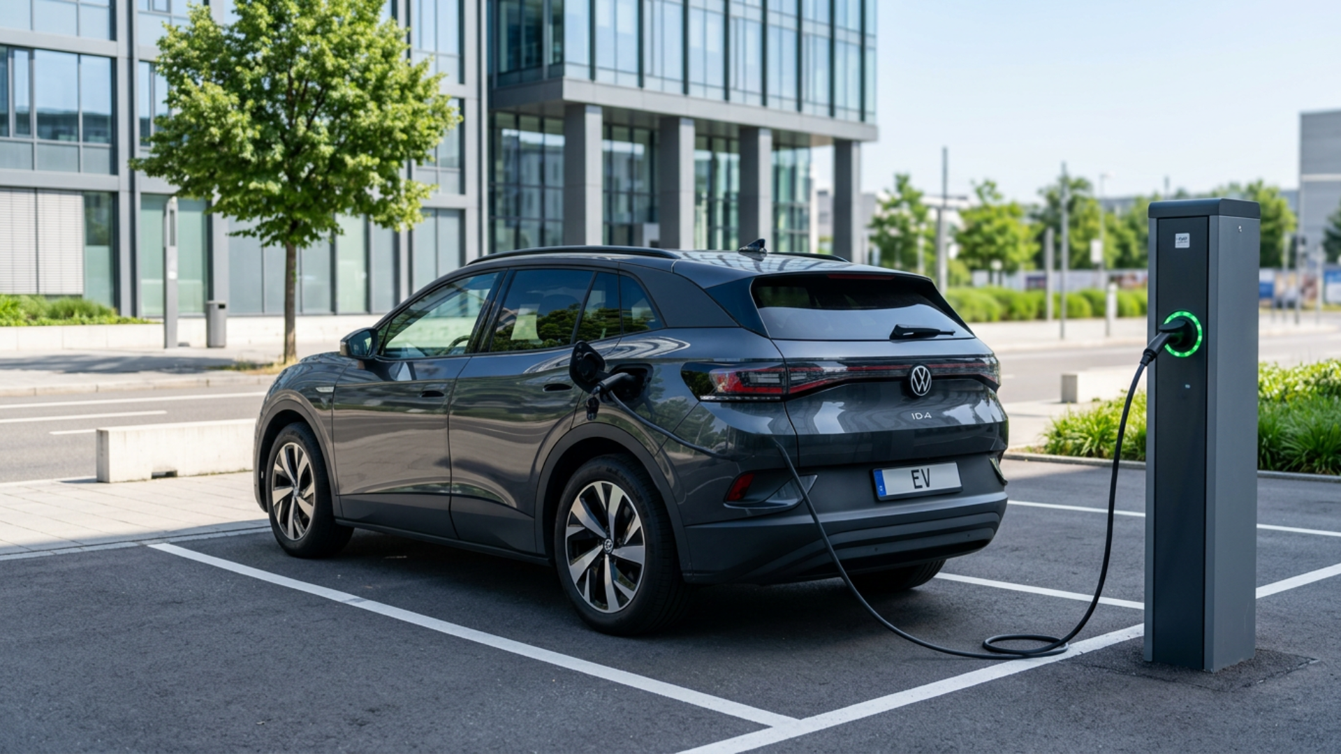 Transportation technology featuring an electric vehicle and modern charging infrastructure.