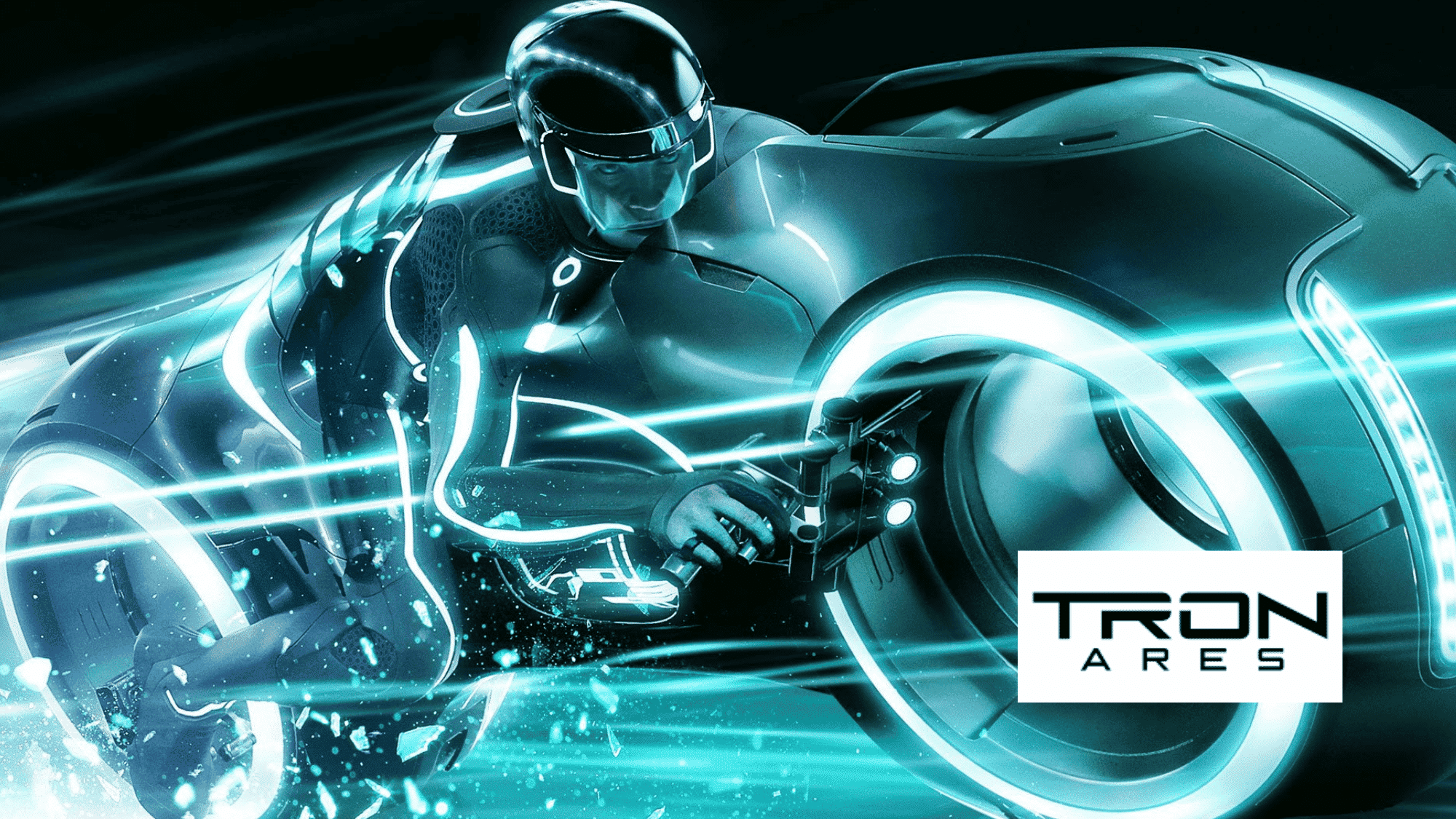 Tron poster featuring futuristic rider on glowing light cycle