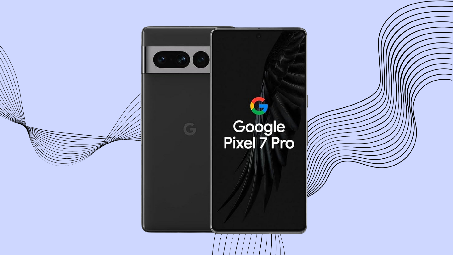 Two Google Pixel 7 Pro phones are displayed side-by-side on a light purple background with abstract wavy lines.