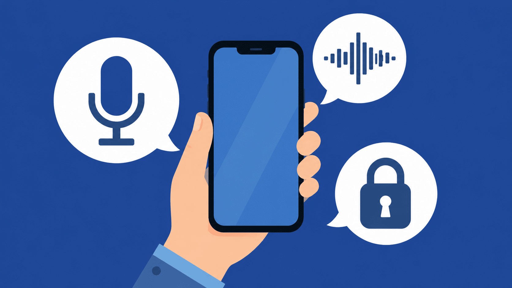 Hand holding smartphone with voice recognition icons illustrating core principles of voice biometrics