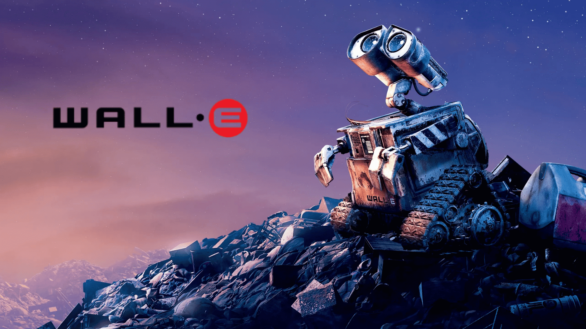 Wall-E robot sitting on trash pile under twilight sky.