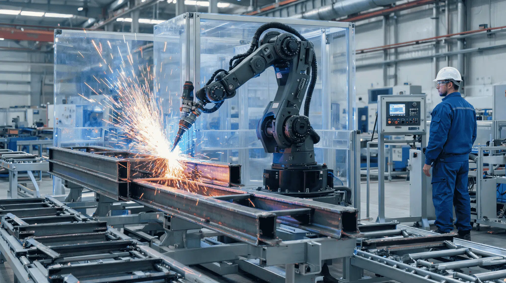Robotic arm welding metal parts on a factory production line while a worker monitors the process.  2. Assembly