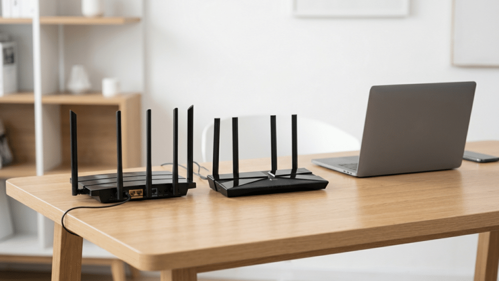 WiFi 5 and WiFi 6 routers placed side by side on a desk with modern connected devices