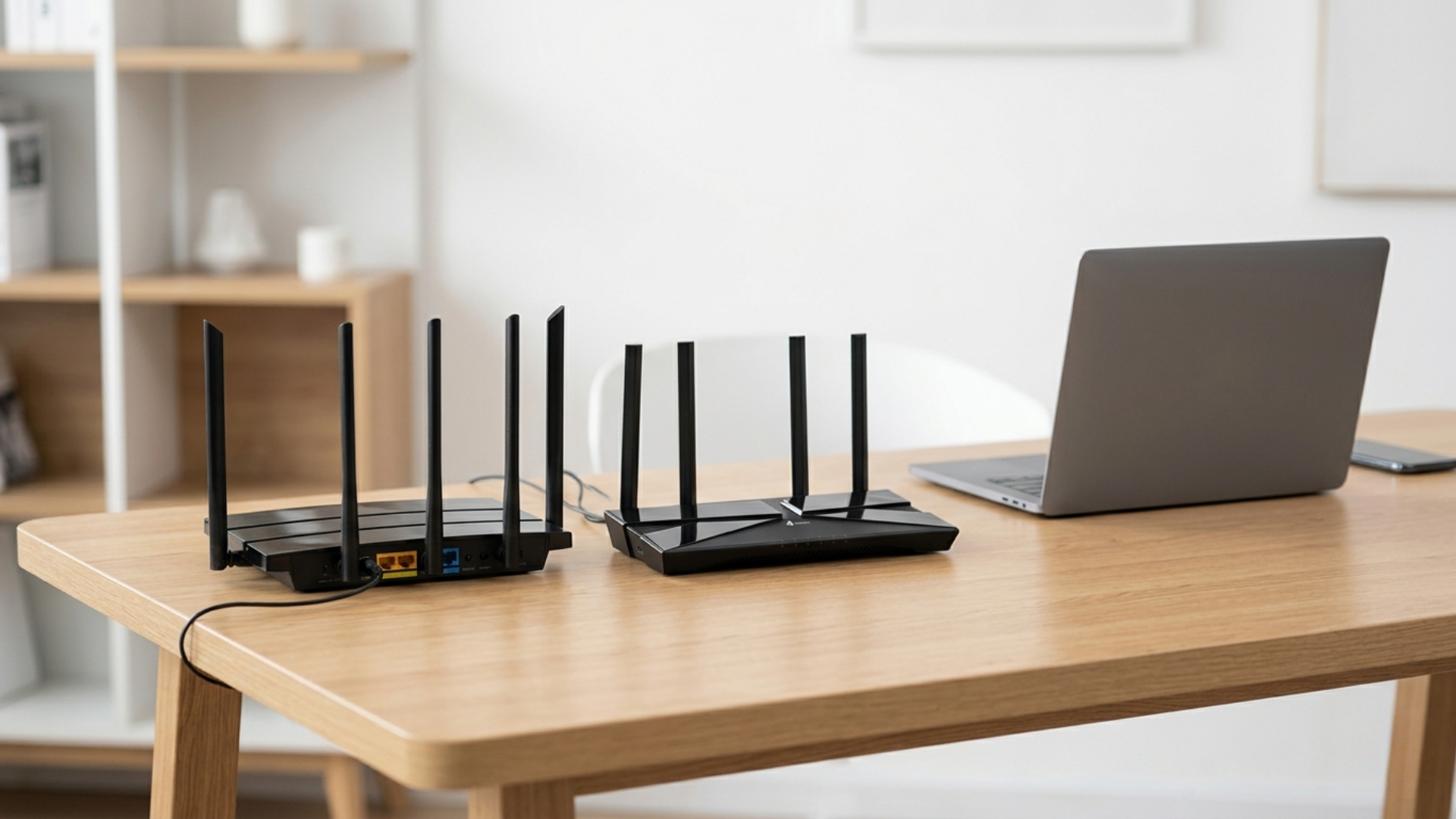 WiFi 5 and WiFi 6 routers placed side by side on a desk with modern connected devices