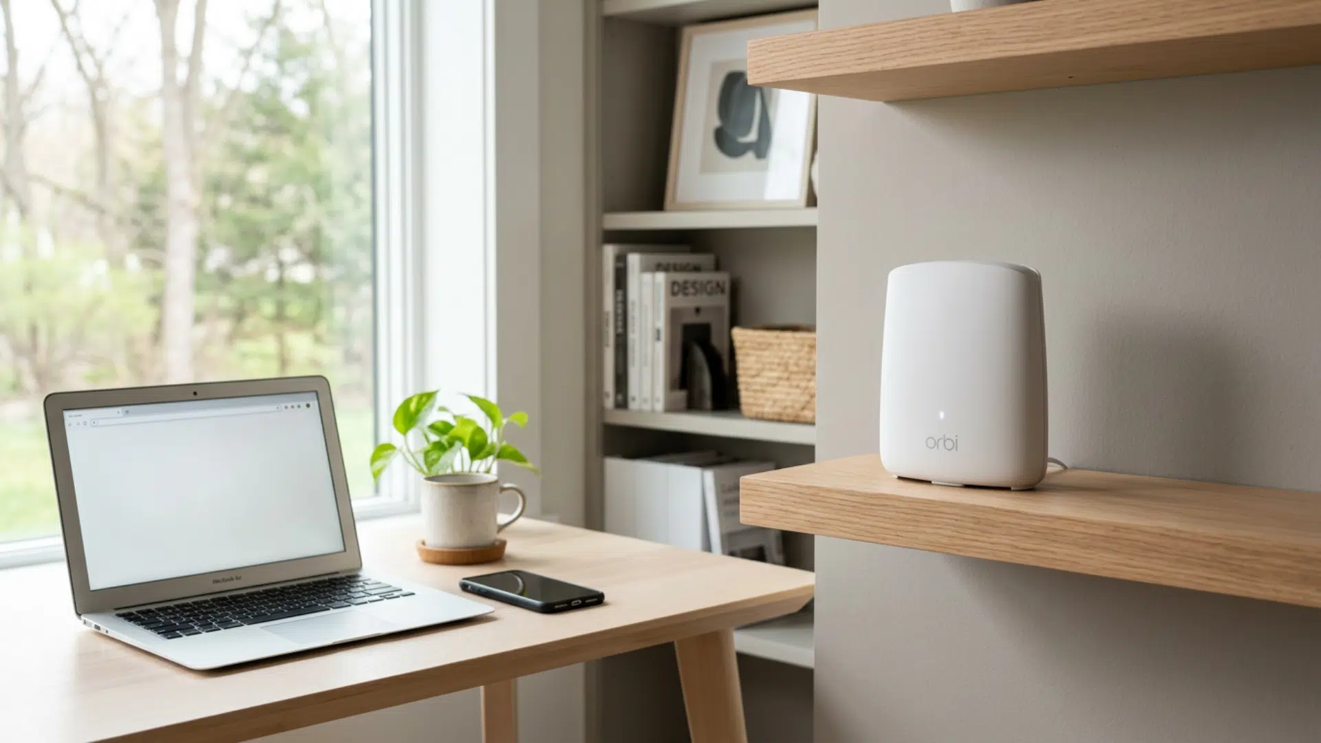 WiFi booster placed in a home office to help strengthen wireless signal coverage and connectivity