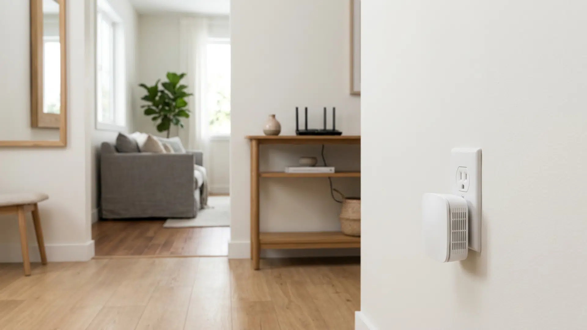 WiFi extender installed in a hallway to help improve wireless coverage in distant areas of a home