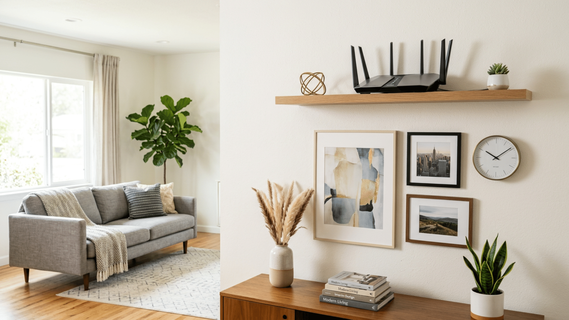 WiFi router placed high on a shelf to improve signal coverage and performance