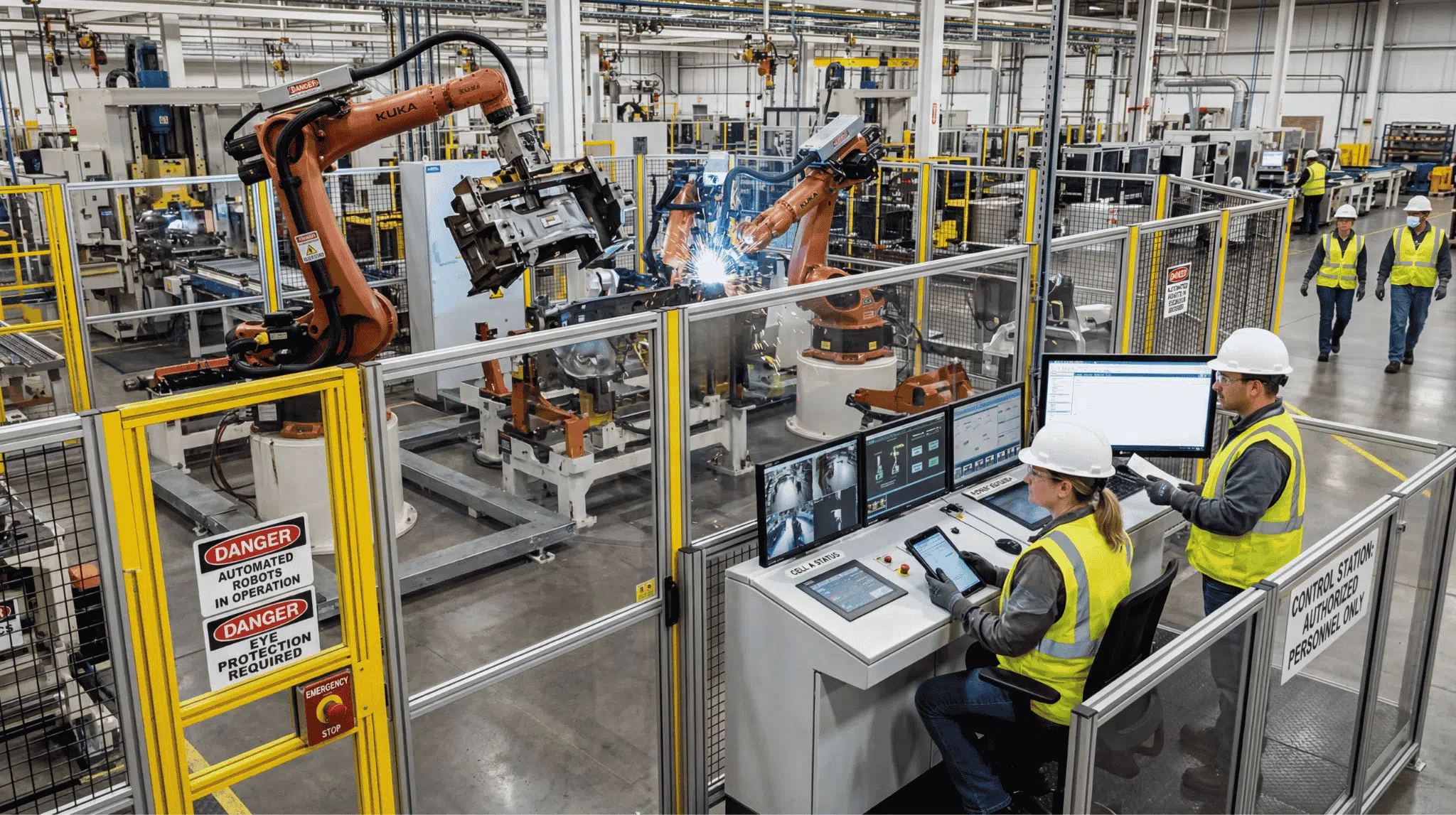 Robots handling risky factory tasks while workers safely monitor from a control station.