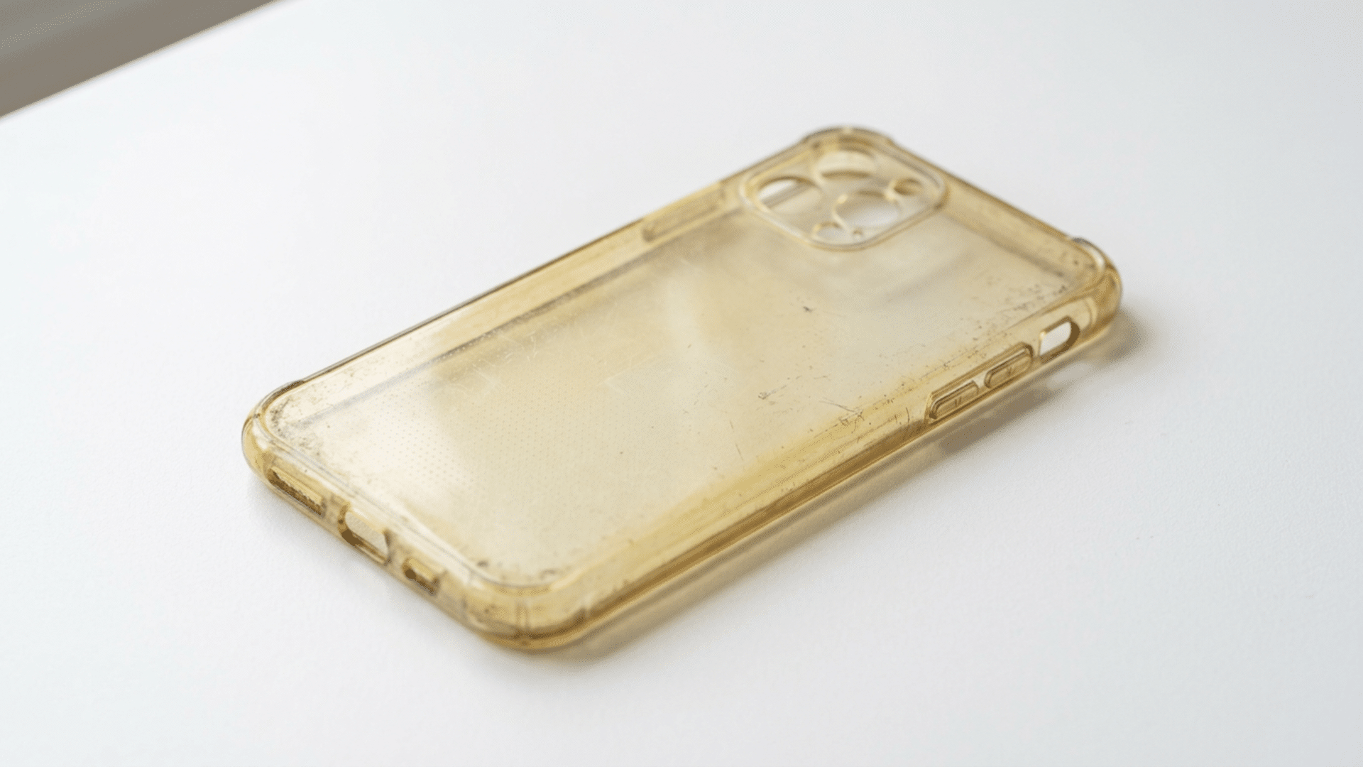 Yellowed clear phone case showing discoloration caused by age, sunlight exposure, and material degradation over time