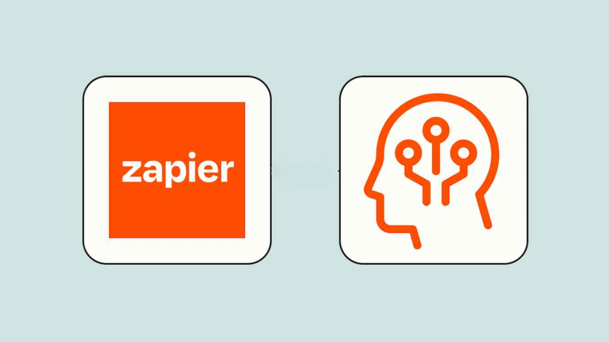 Zapier AI logos, orange square and head with circuit lines icons