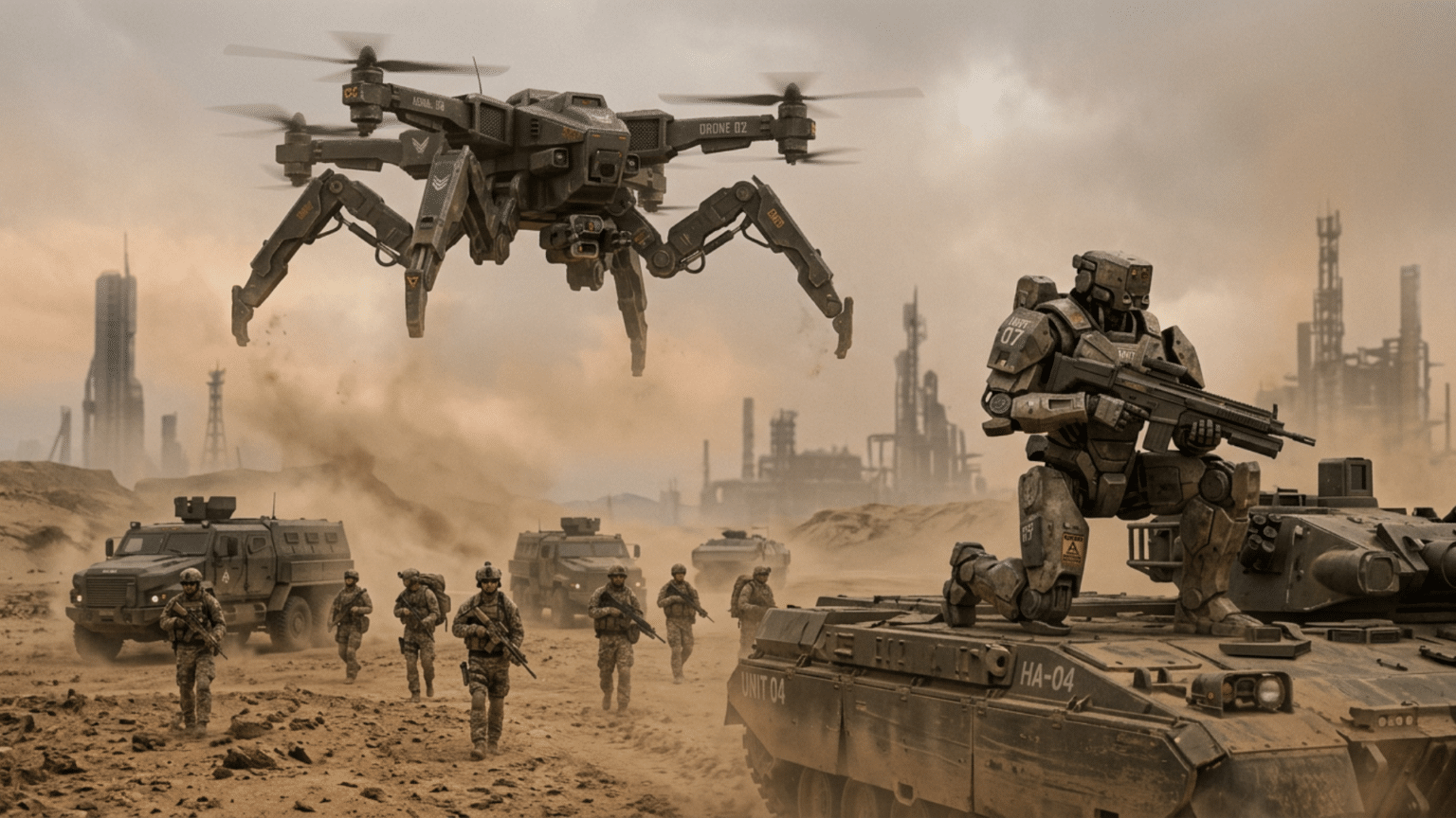 A spider-like drone flies over a desert battlefield with soldiers and tanks, overlooking a futuristic industrial city
