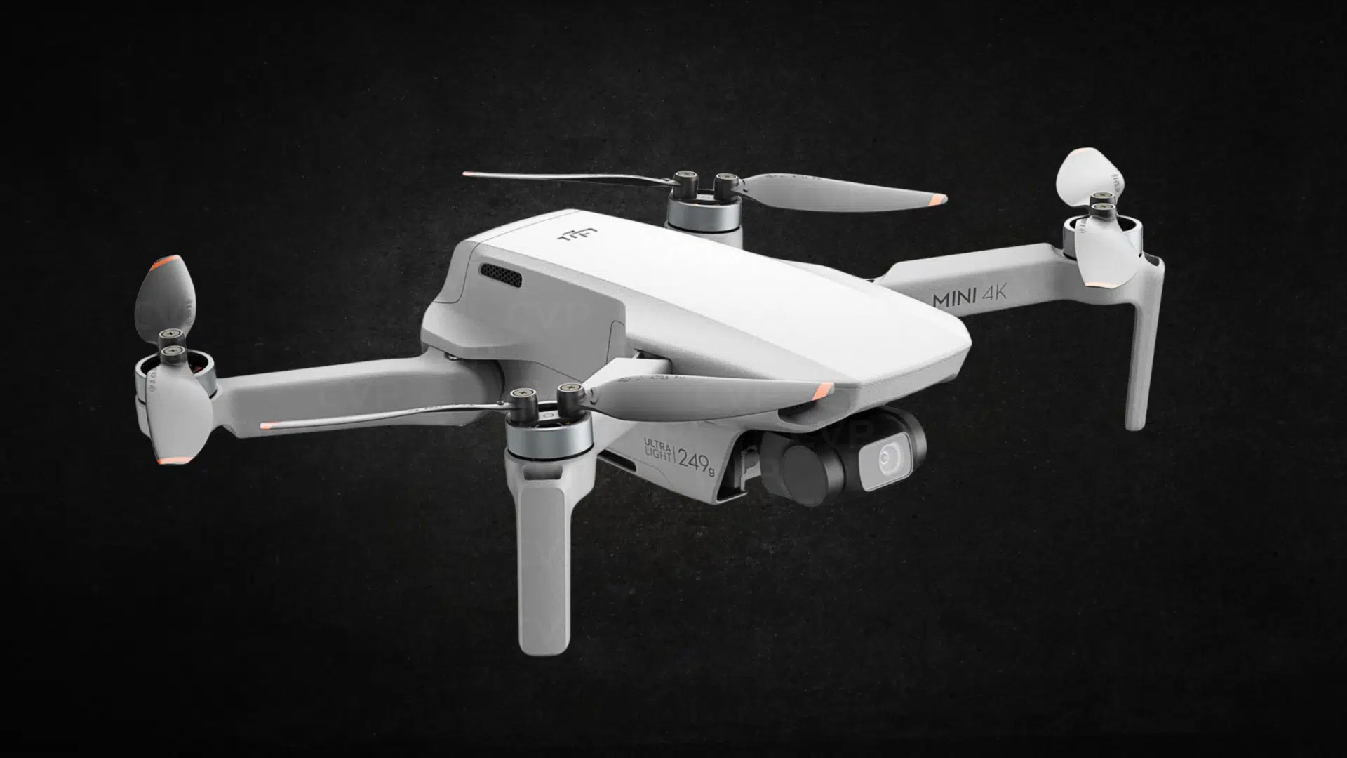 A white DJI Mini 4K drone with propellers and camera is shown against a black background