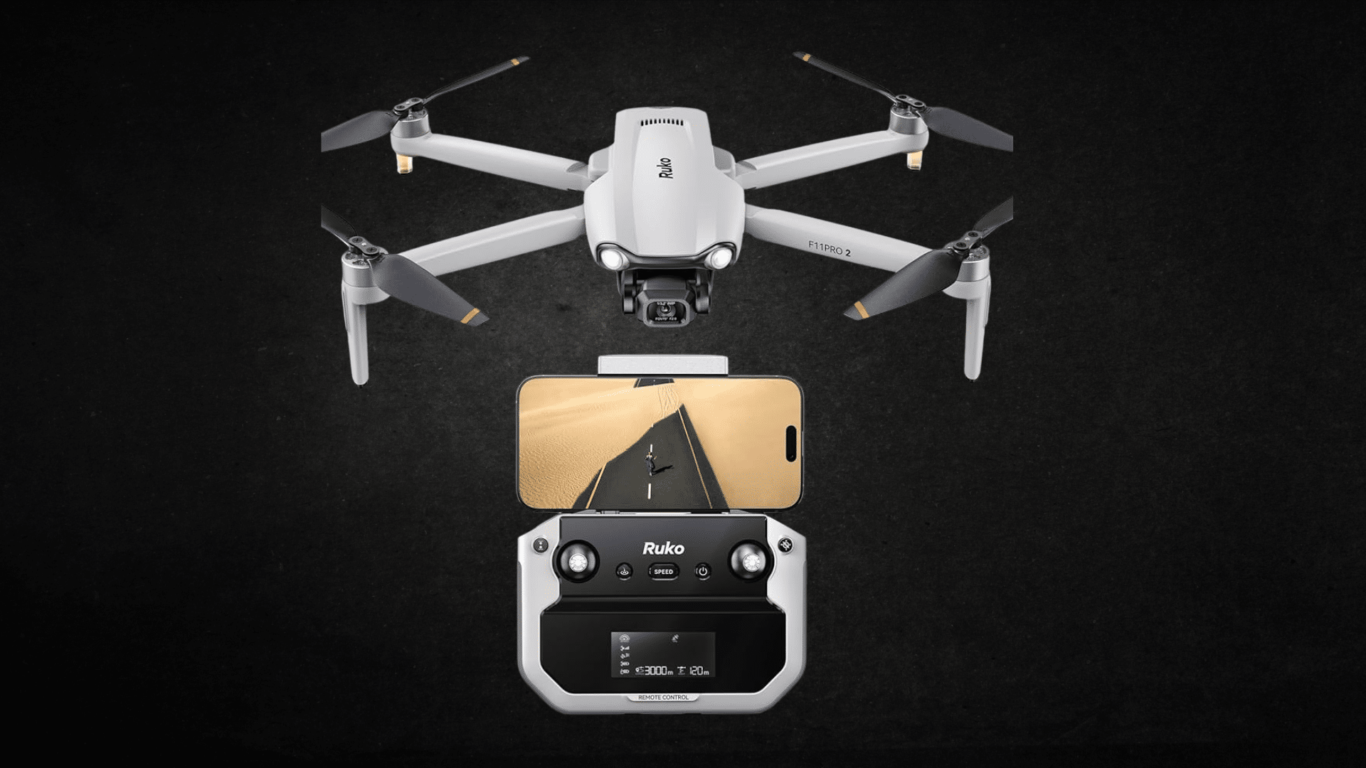 A white Ruko F11PRO 2 drone is displayed above a smartphone showing a drone's point-of-view and a remote controller