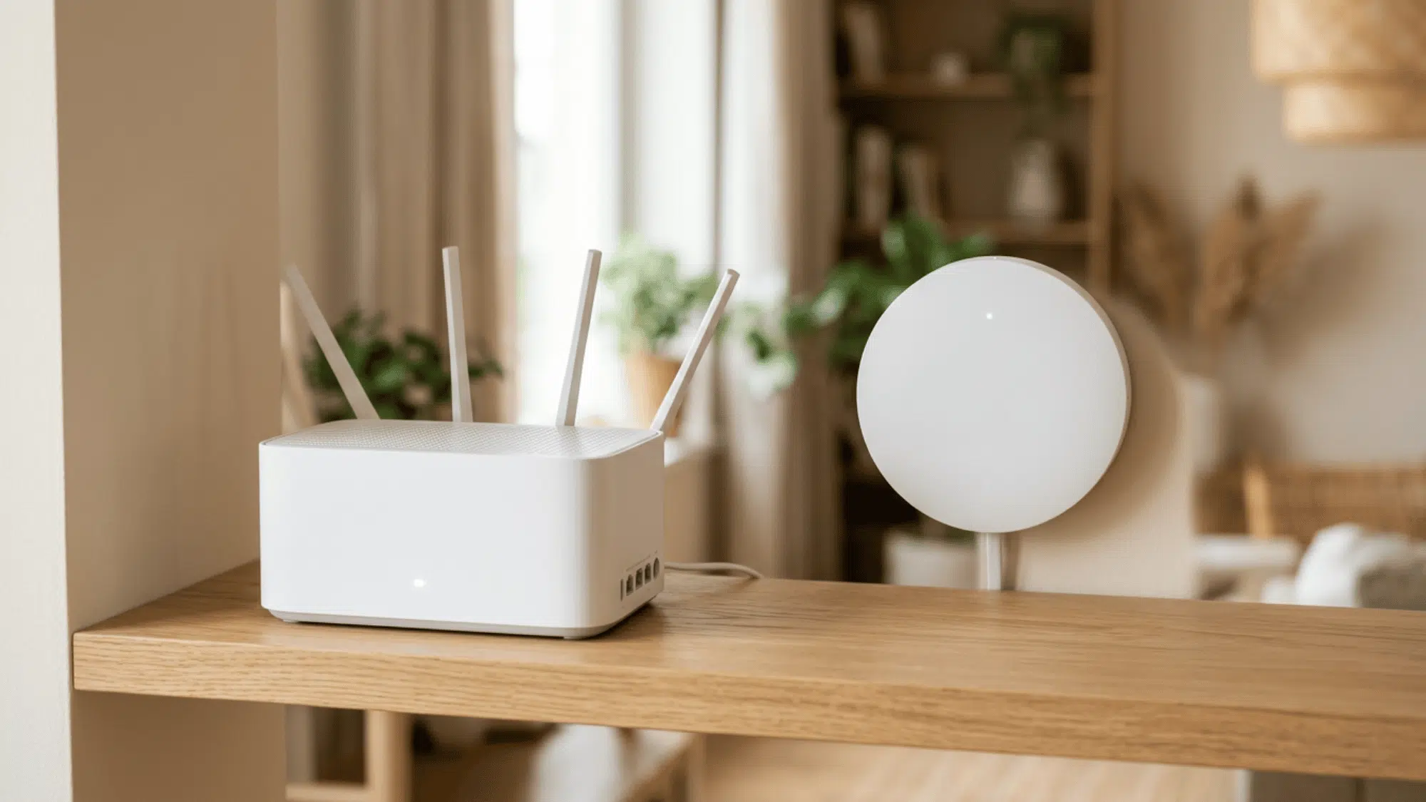 White router and round access point displayed together on shelf in living room