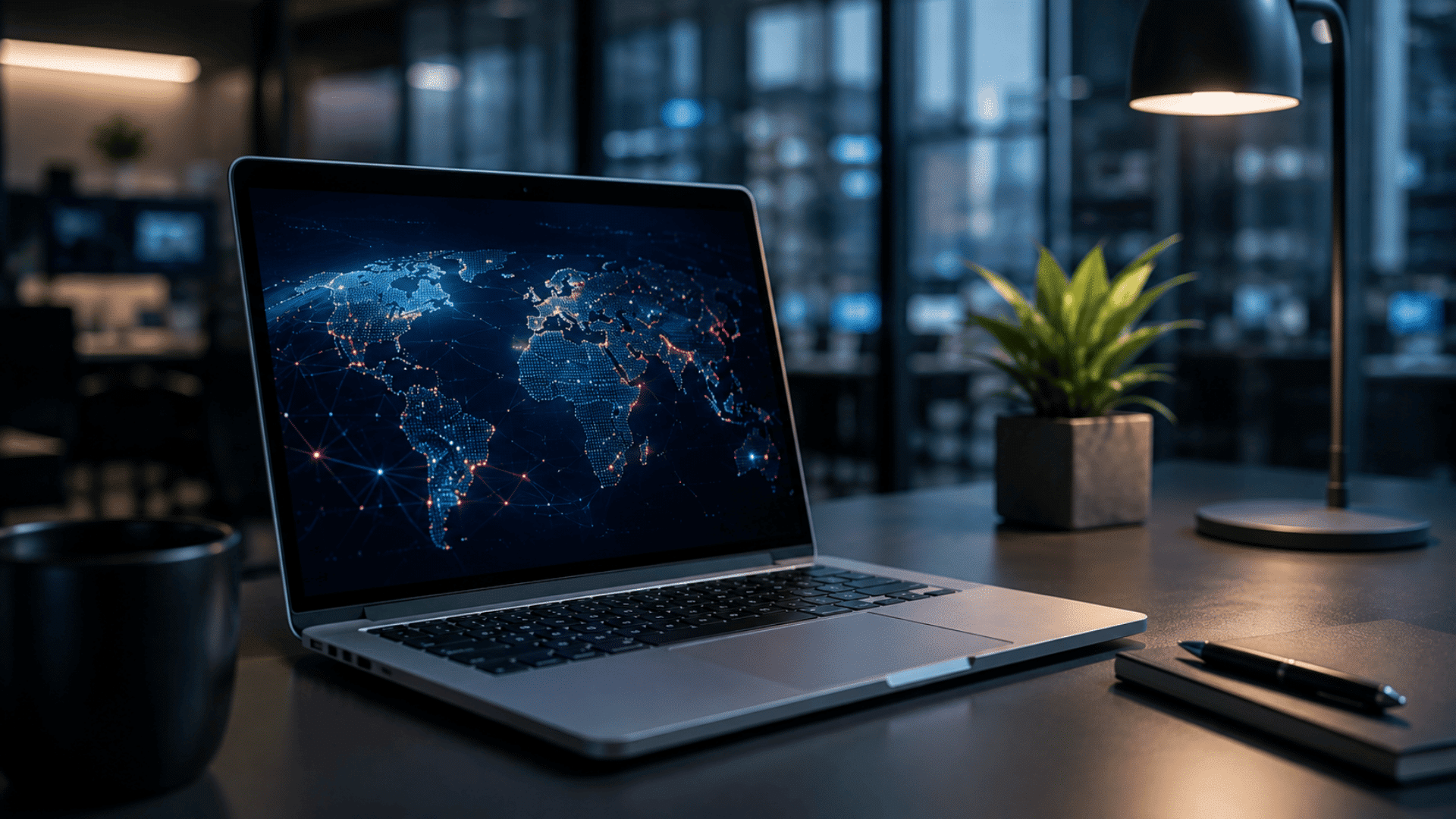 Realistic laptop displaying a cybersecurity network visualization in a modern office workspace environment
