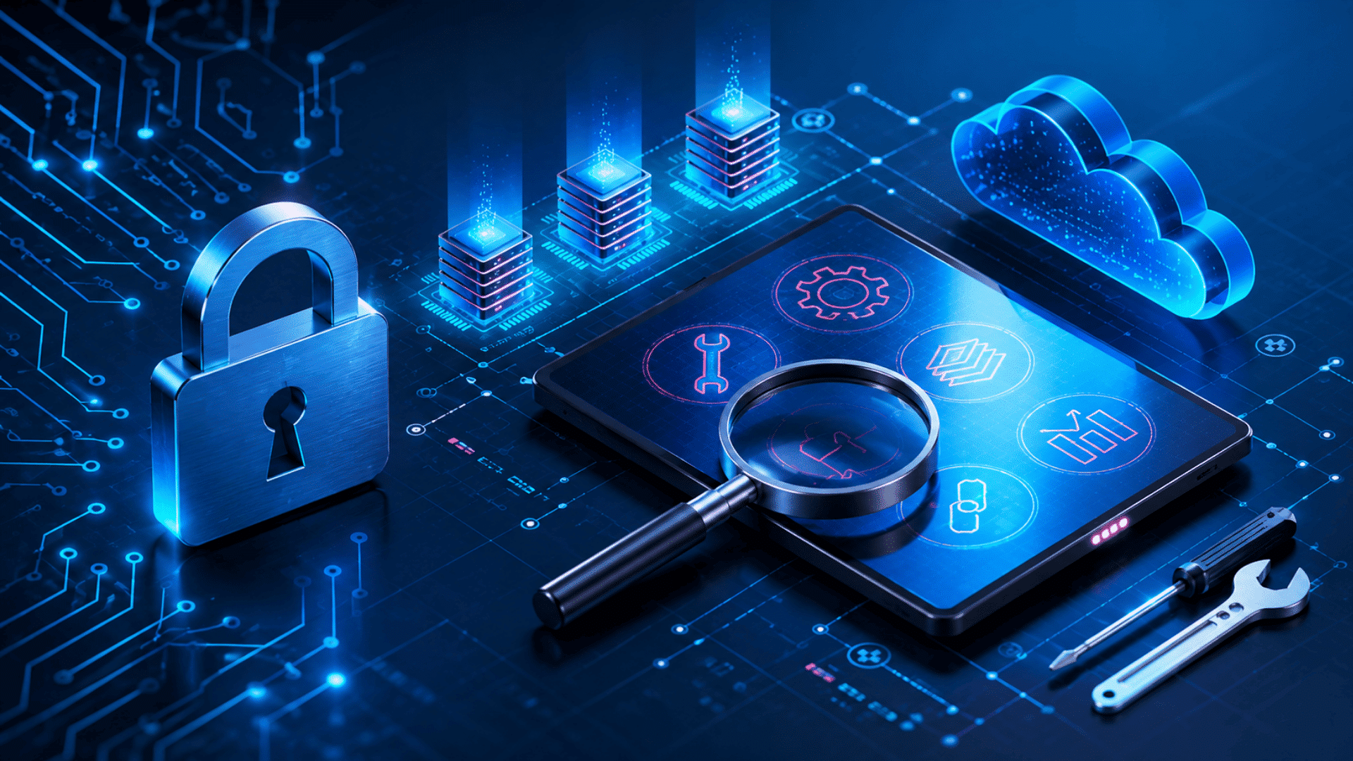 Cybersecurity illustration with padlock, cloud, servers, and security monitoring devices on a digital network.