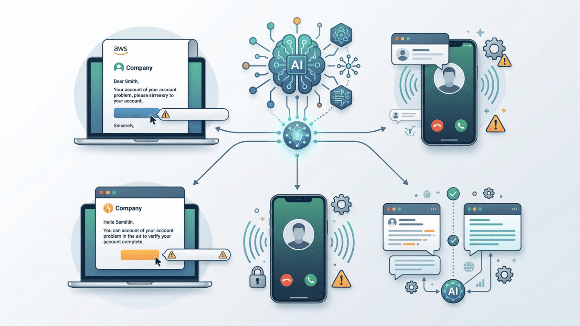 AI phishing infographic showing fake emails, voice scams, and warning icons