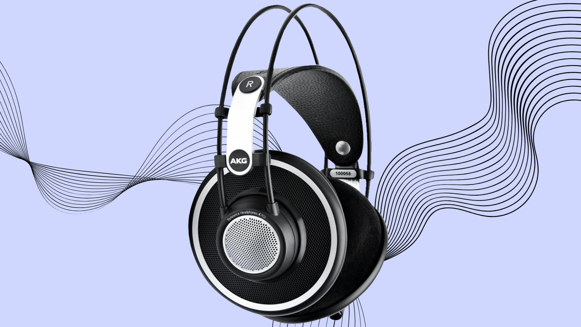 AKG K702 open-back reference headphones on abstract wave background for detailed audiophile listening.