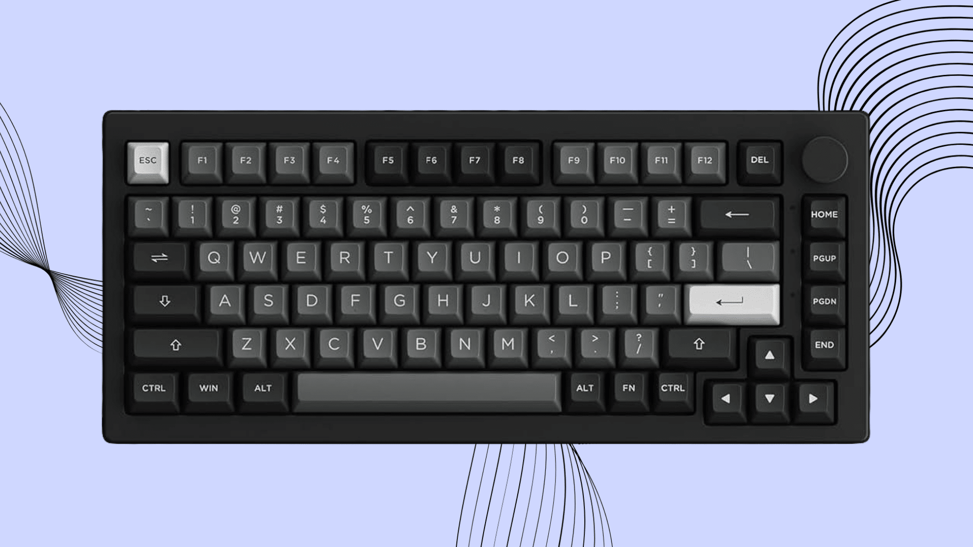 Black compact mechanical keyboard with gray keycaps and rotary knob on a minimalist abstract background.
