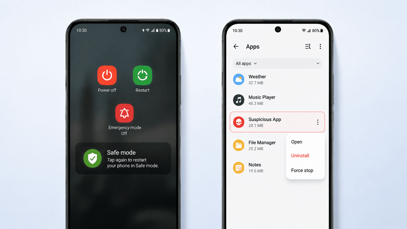 Android malware removal steps showing Safe Mode, uninstall apps, antivirus scan, and security settings cleanup process