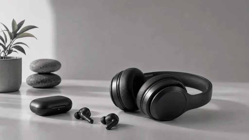 Black wireless headphones and earbuds on a minimalist table