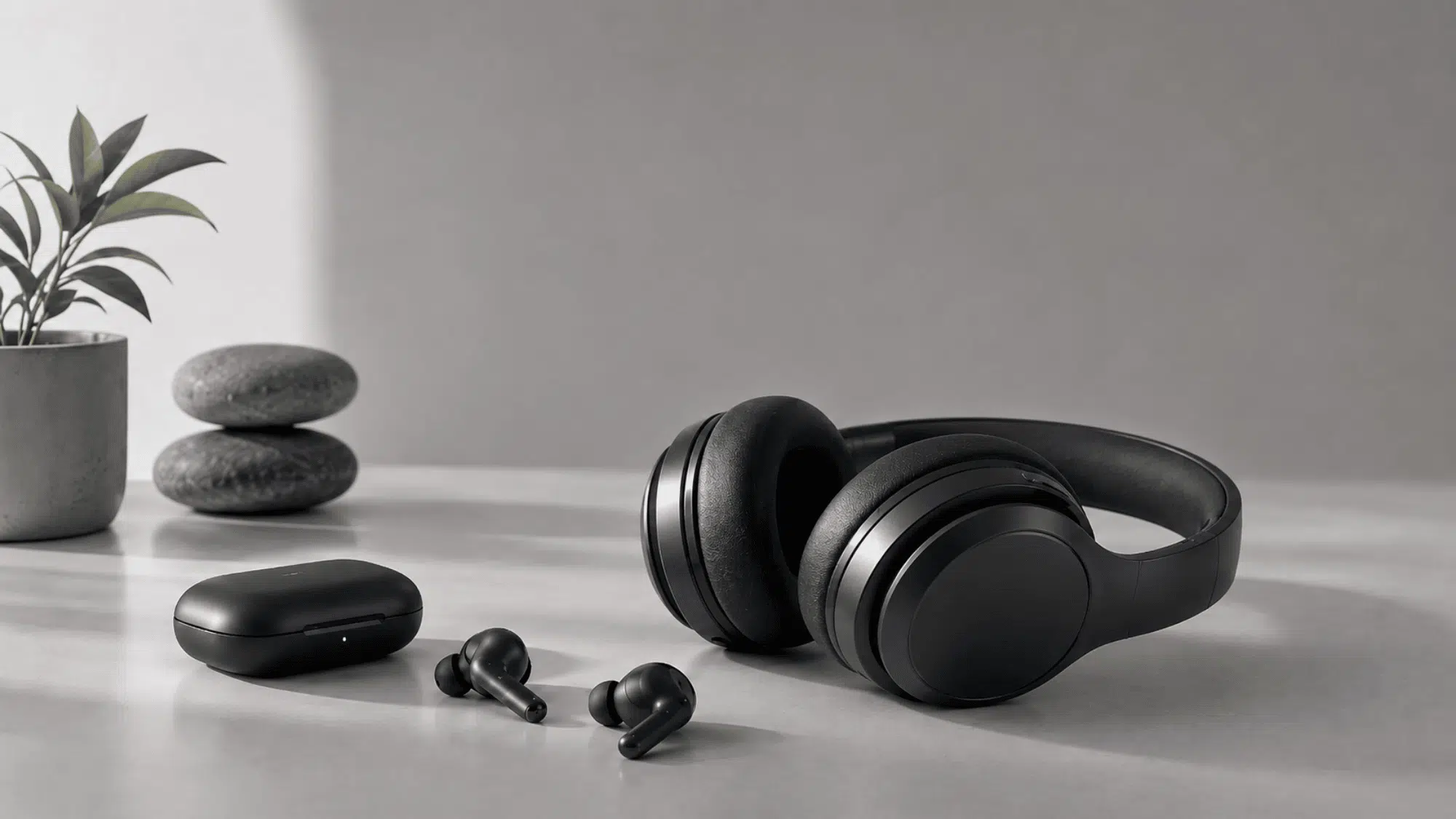 Black wireless headphones and earbuds on a minimalist table
