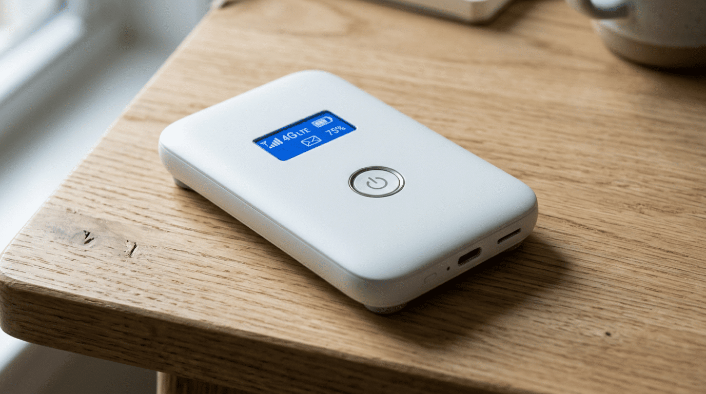 Portable WiFi router with 4G LTE signal and battery display on wooden table.